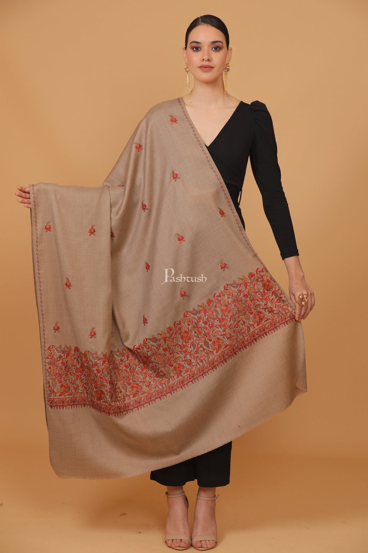 Pashtush India Womens Stoles and Scarves Scarf Pashtush womens Fine Wool shawl, papier mache palla design, Beige