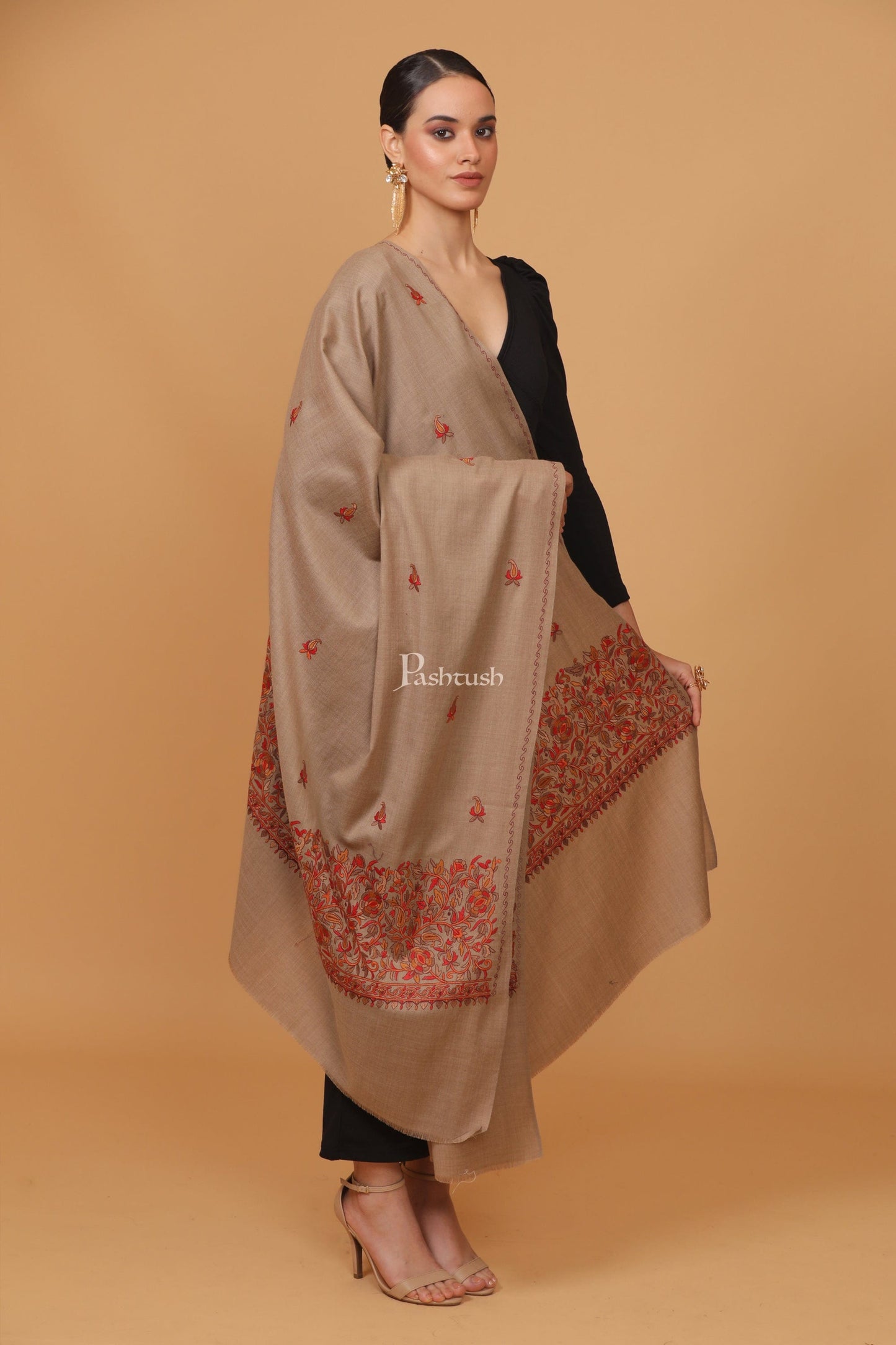 Pashtush India Womens Stoles and Scarves Scarf Pashtush womens Fine Wool shawl, papier mache palla design, Beige