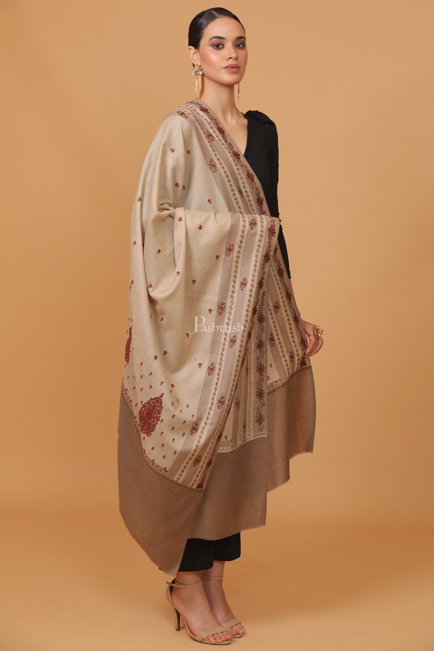 Pashtush India Womens Stoles and Scarves Scarf Pashtush womens Fine Wool shawl, pasiley design, Beige