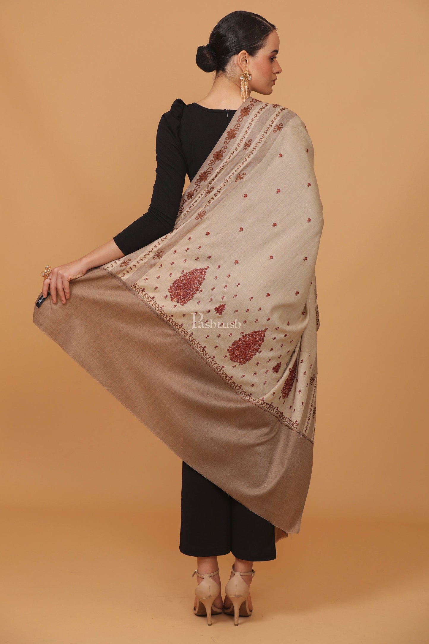 Pashtush India Womens Stoles and Scarves Scarf Pashtush womens Fine Wool shawl, pasiley design, Beige