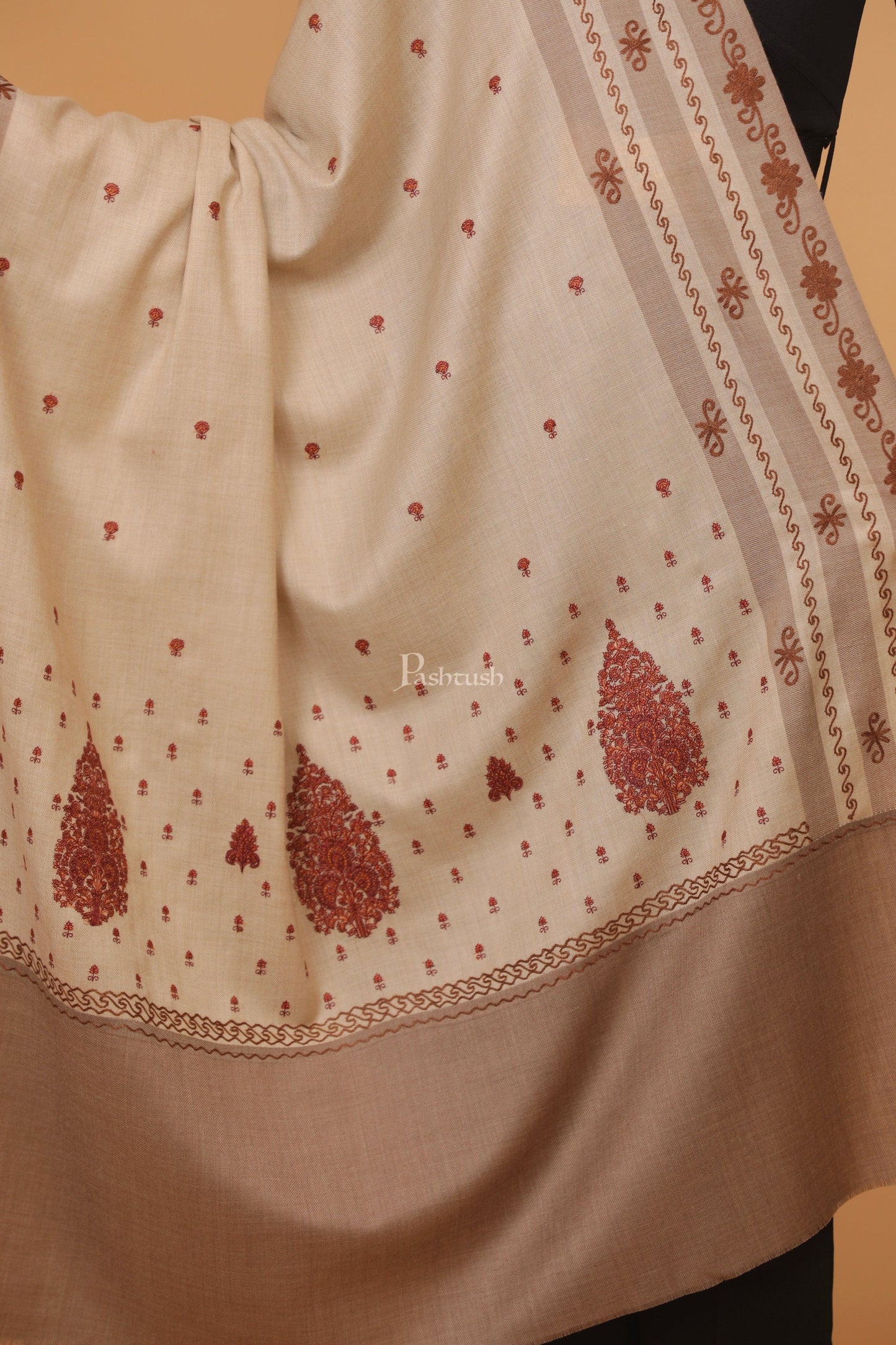 Pashtush India Womens Stoles and Scarves Scarf Pashtush womens Fine Wool shawl, pasiley design, Beige