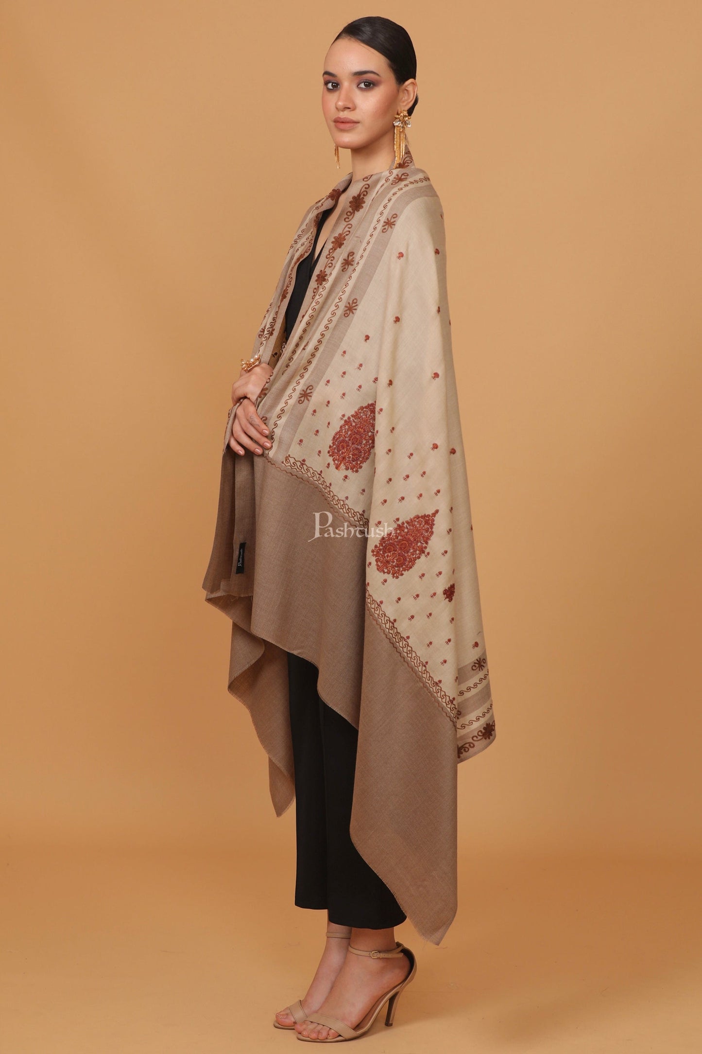 Pashtush India Womens Stoles and Scarves Scarf Pashtush womens Fine Wool shawl, pasiley design, Beige