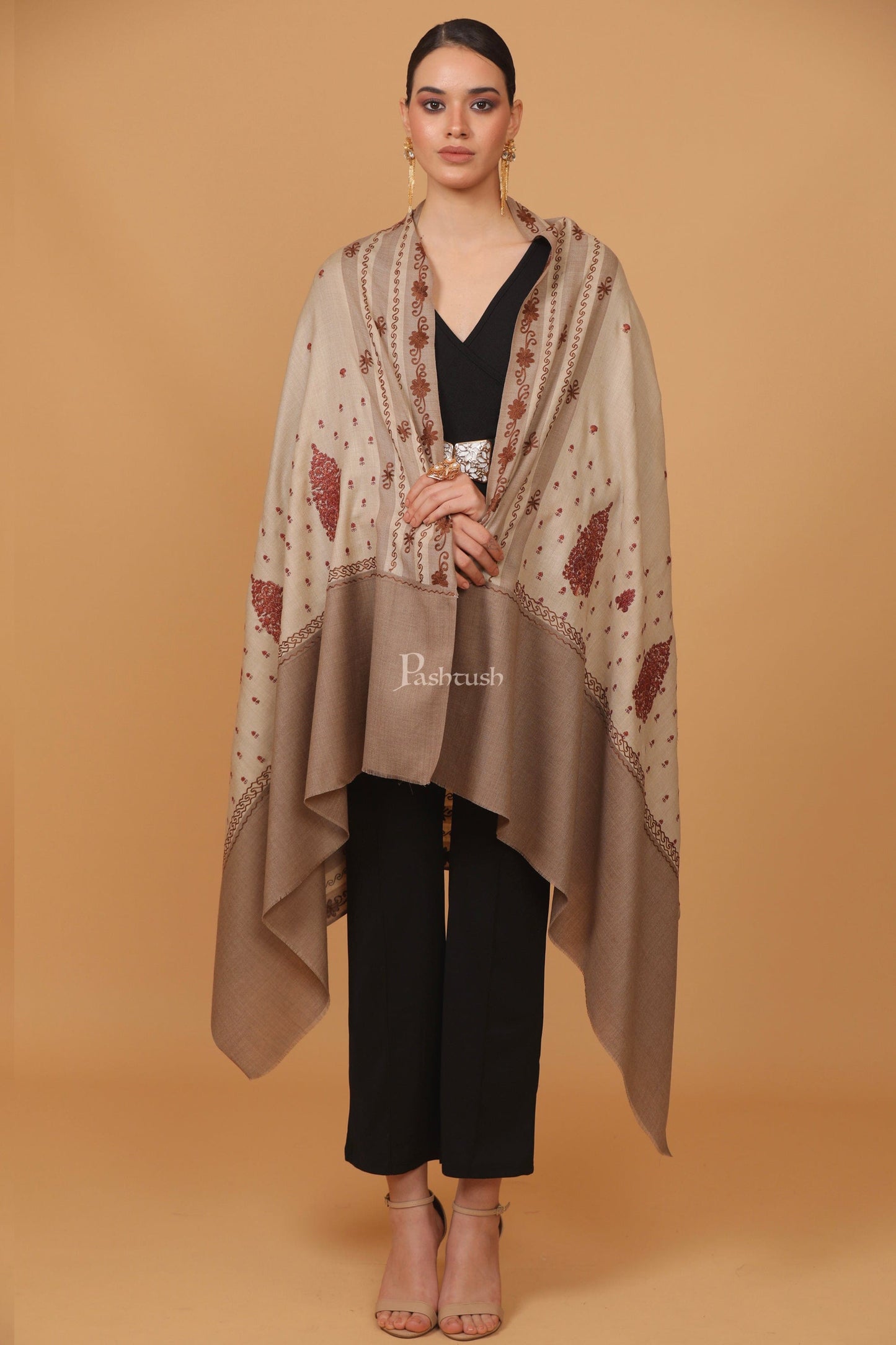 Pashtush India Womens Stoles and Scarves Scarf Pashtush womens Fine Wool shawl, pasiley design, Beige