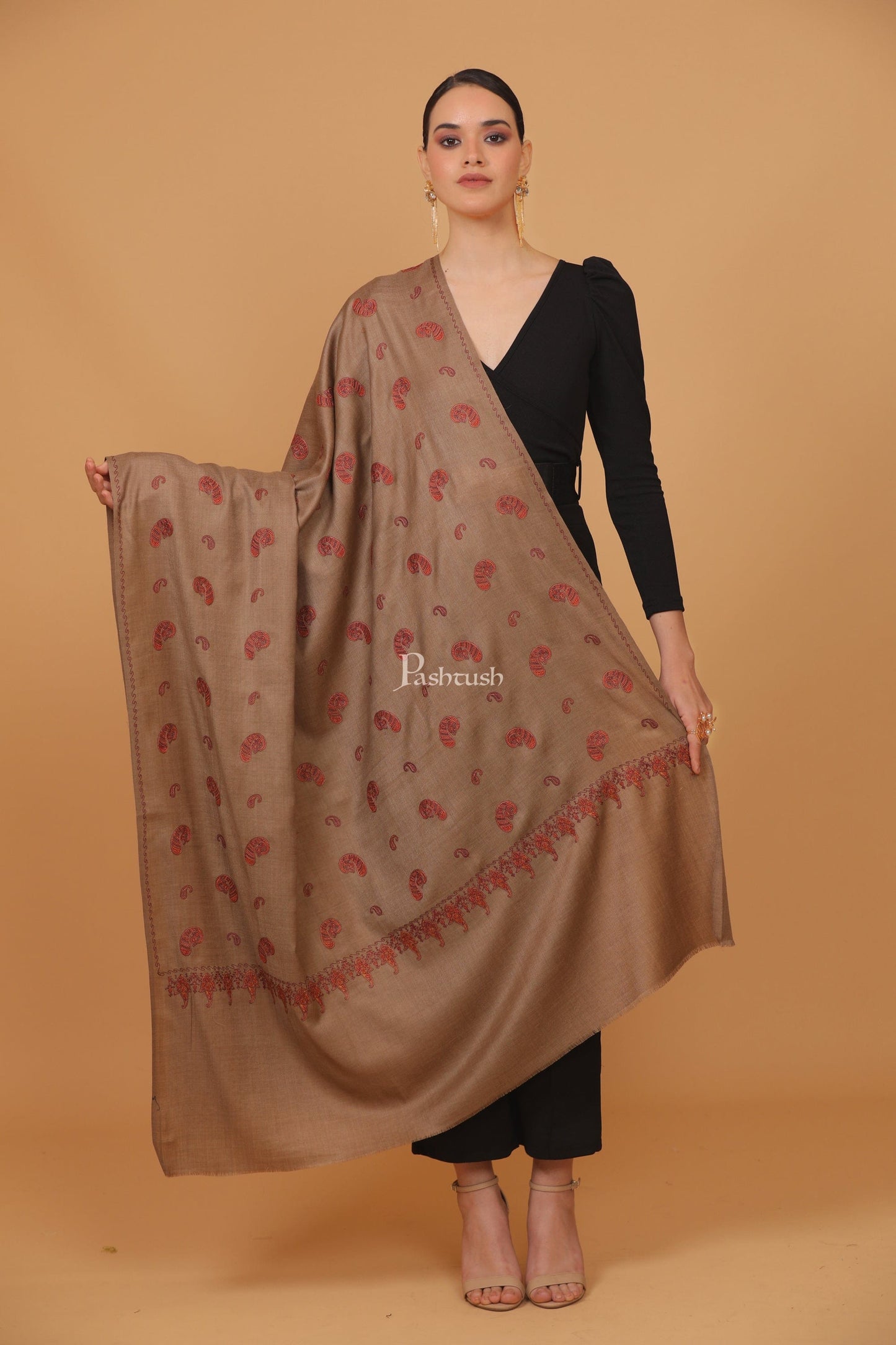 Pashtush India Womens Stoles and Scarves Scarf Pashtush womens Fine Wool shawl, pasiley design, Taupe