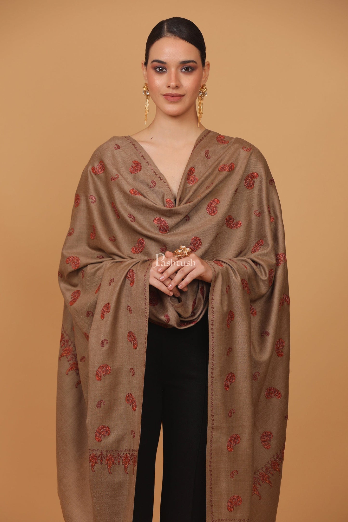 Pashtush India Womens Stoles and Scarves Scarf Pashtush womens Fine Wool shawl, pasiley design, Taupe