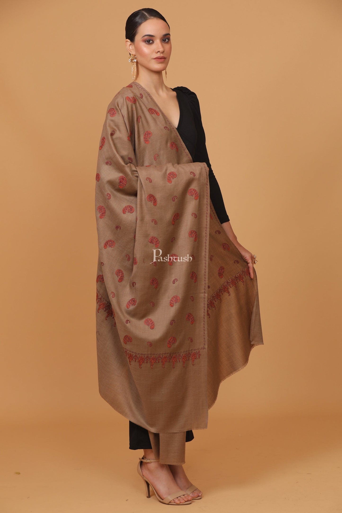 Pashtush India Womens Stoles and Scarves Scarf Pashtush womens Fine Wool shawl, pasiley design, Taupe