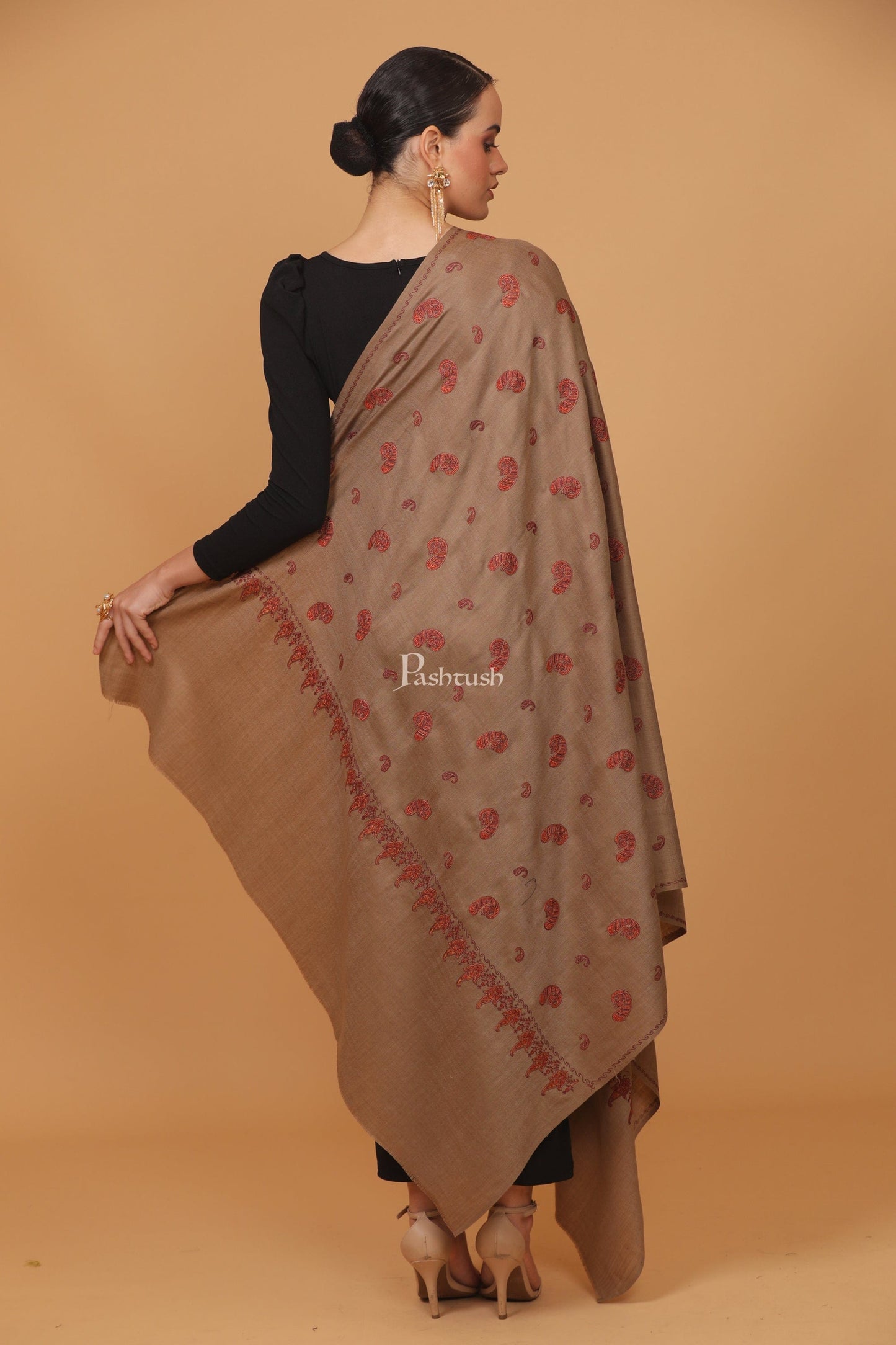 Pashtush India Womens Stoles and Scarves Scarf Pashtush womens Fine Wool shawl, pasiley design, Taupe