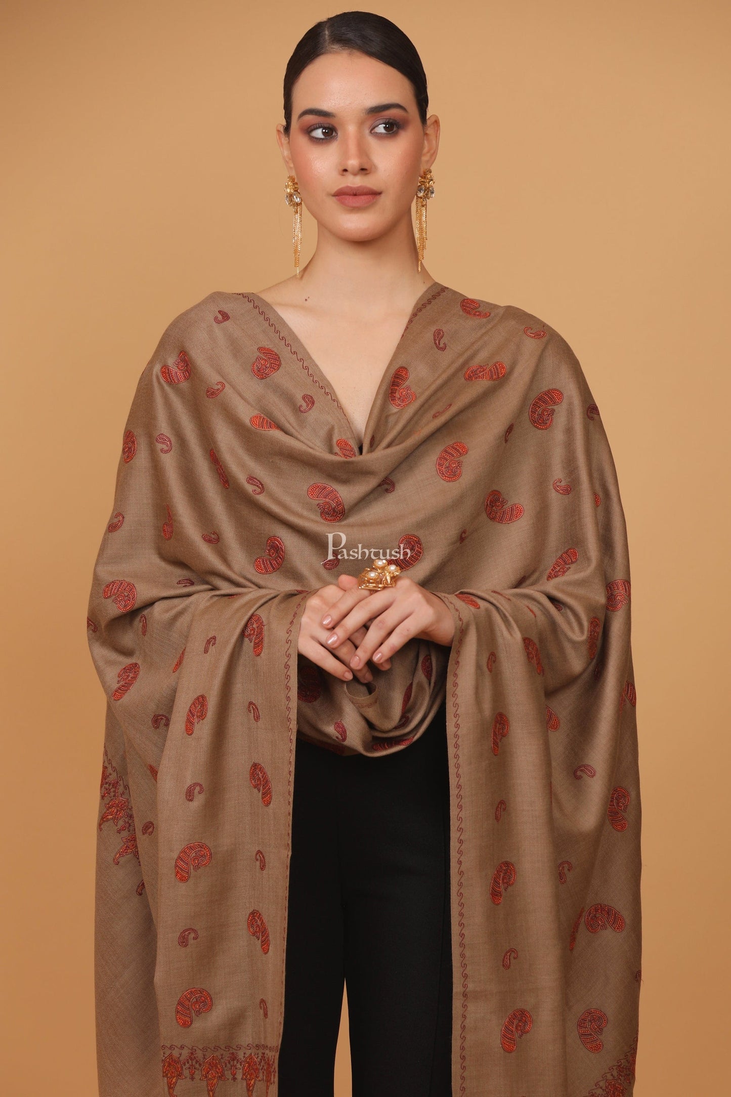 Pashtush India Womens Stoles and Scarves Scarf Pashtush womens Fine Wool shawl, pasiley design, Taupe