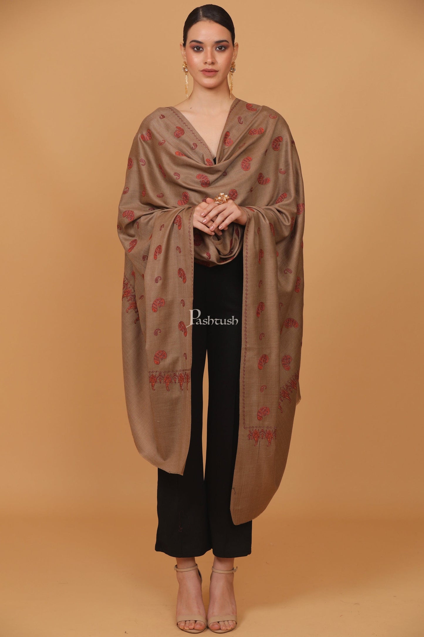 Pashtush India Womens Stoles and Scarves Scarf Pashtush womens Fine Wool shawl, pasiley design, Taupe
