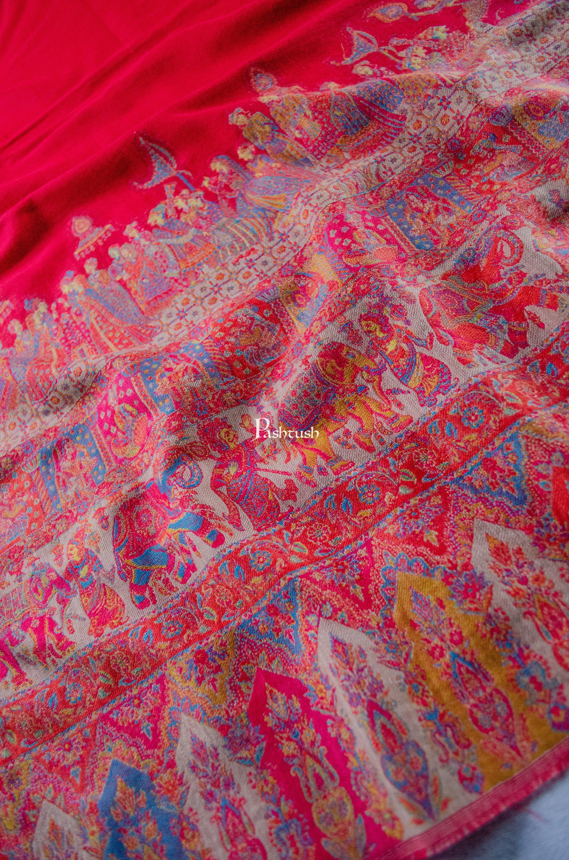 Pashtush India Womens Shawls Pashtush Womens Fine Wool Shawl, Royal Darbar Palla, Woven Design, Red And Beige