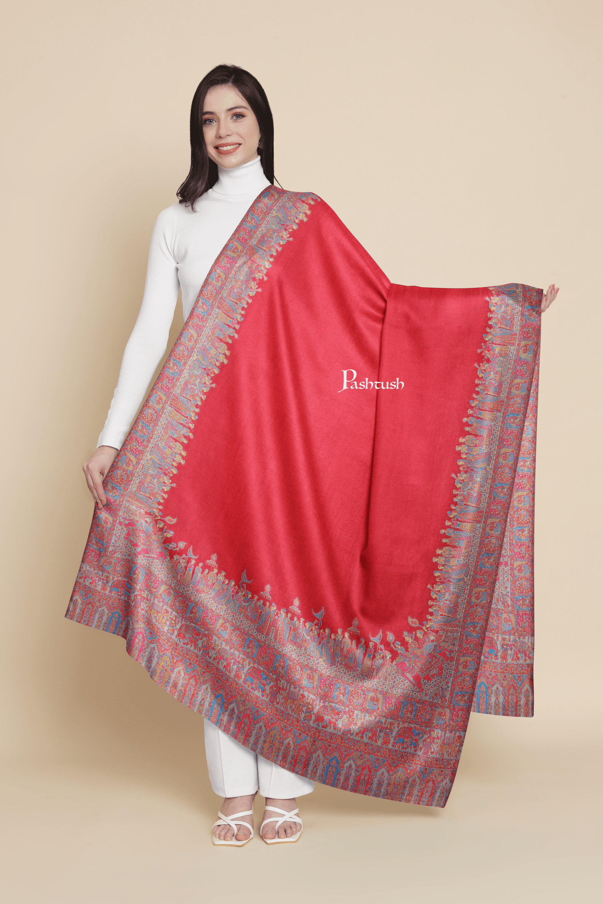 Pashtush India Womens Shawls Pashtush Womens Fine Wool Shawl, Royal Darbar Palla, Woven Design, Red And Beige