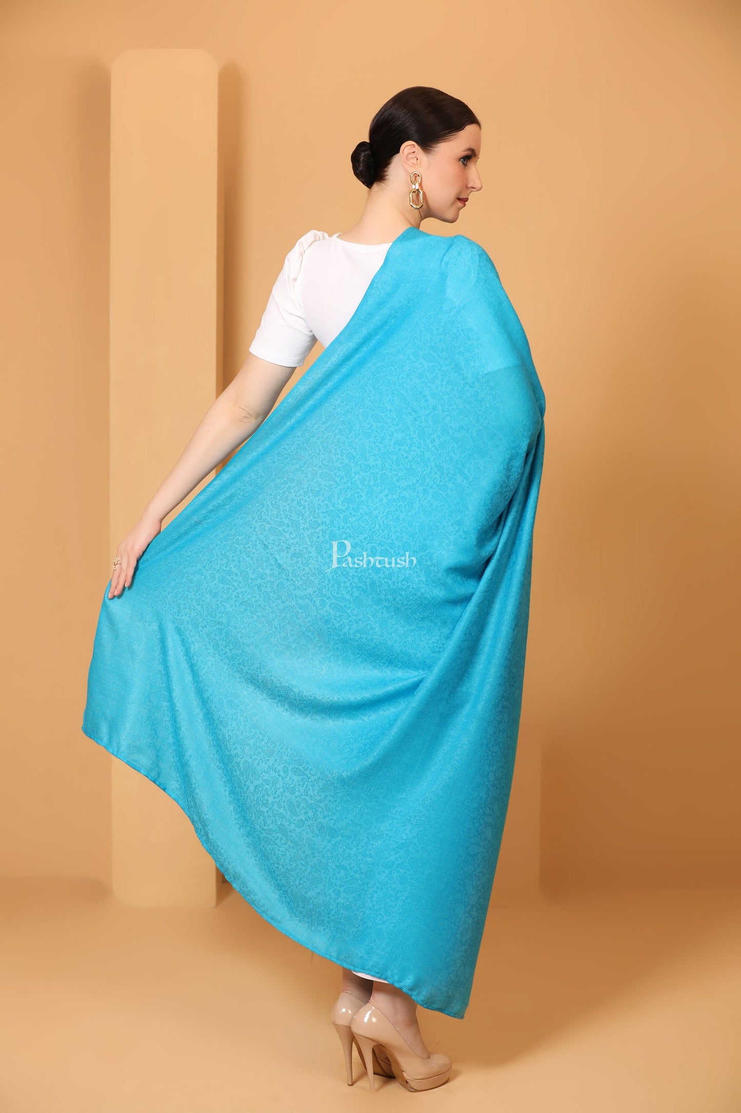 Pashtush India Womens Shawls Pashtush Womens Fine Wool Shawl, Self Paisley Weave, Extra Soft, Carolina Blue