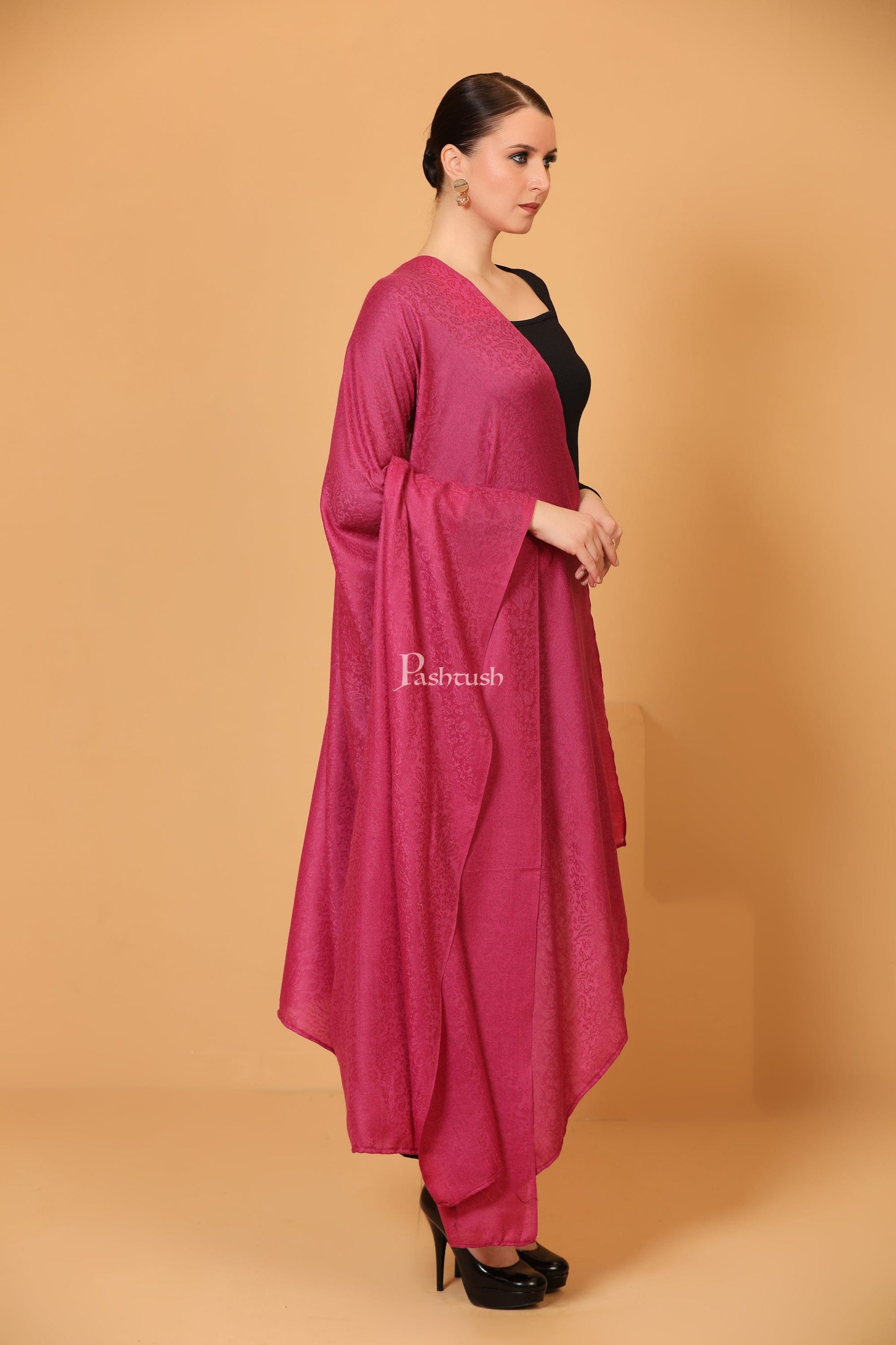 Pashtush India Womens Shawls Pashtush Womens Fine Wool Shawl, Self Paisley Weave, Extra Soft, Warm and Light, Hot Pink