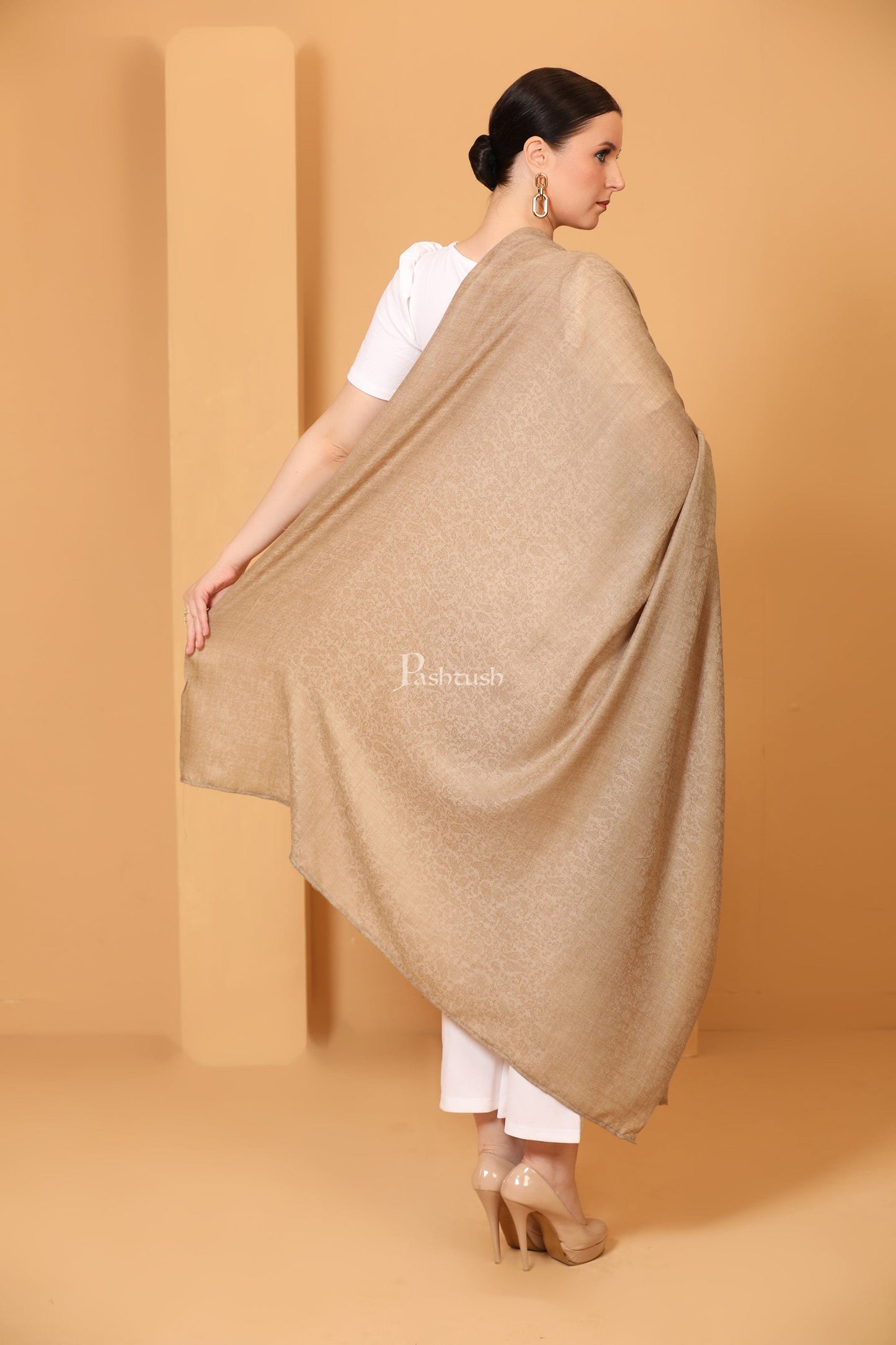 Pashtush India Womens Shawls Pashtush Womens Fine Wool Shawl, Self Paisley Weave, Extra Soft, Warm and Light, Natural Beige