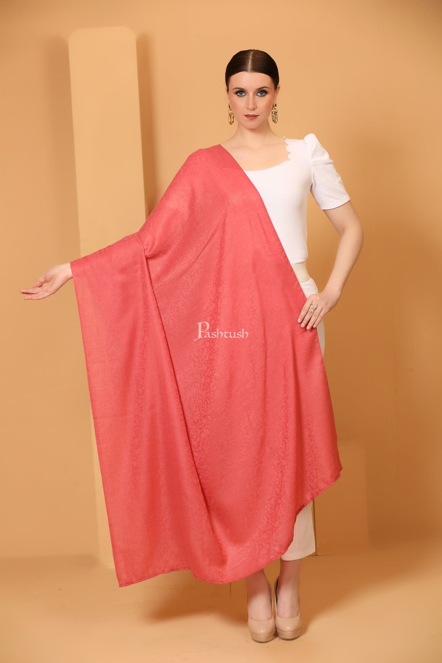 Pashtush India Womens Shawls Pashtush Womens Fine Wool Shawl, Self Paisley Weave, Extra Soft, Warm and Light Weight, Morning Rose