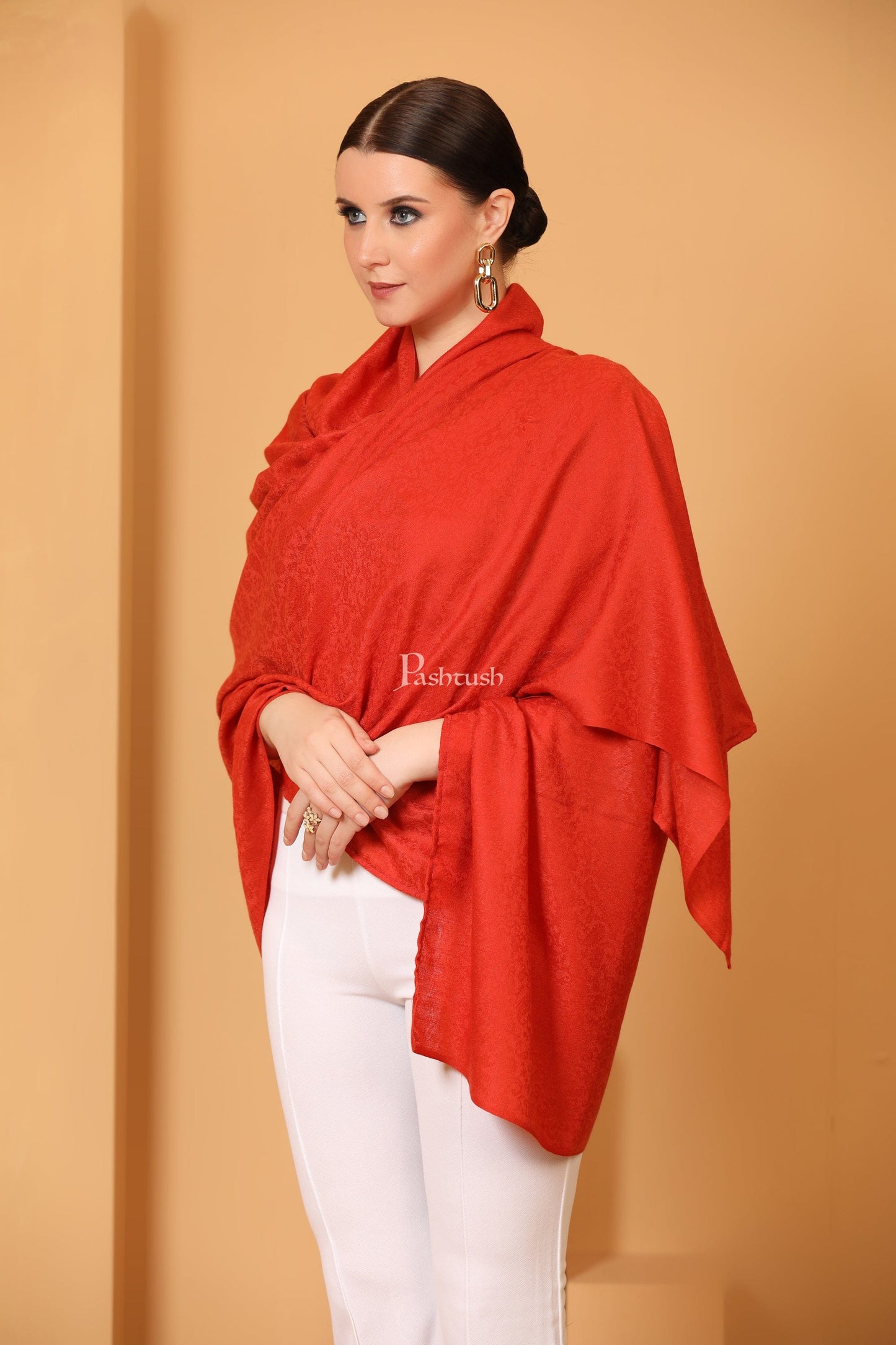 Pashtush India Womens Shawls Pashtush Womens Fine Wool Shawl, Self Paisley Weave, Extra Soft, Warm and Light Weight, Scarlet