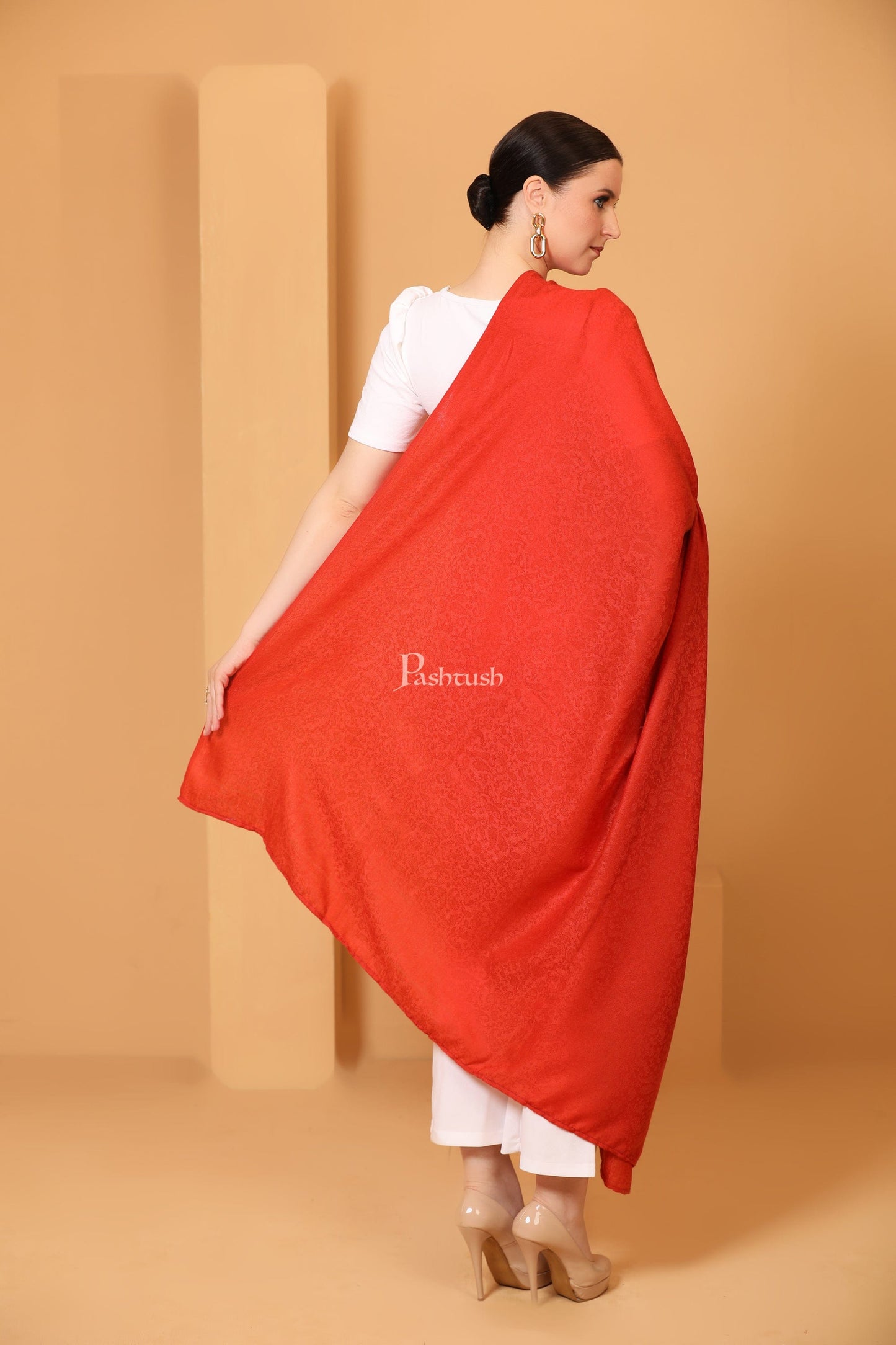 Pashtush India Womens Shawls Pashtush Womens Fine Wool Shawl, Self Paisley Weave, Extra Soft, Warm and Light Weight, Scarlet
