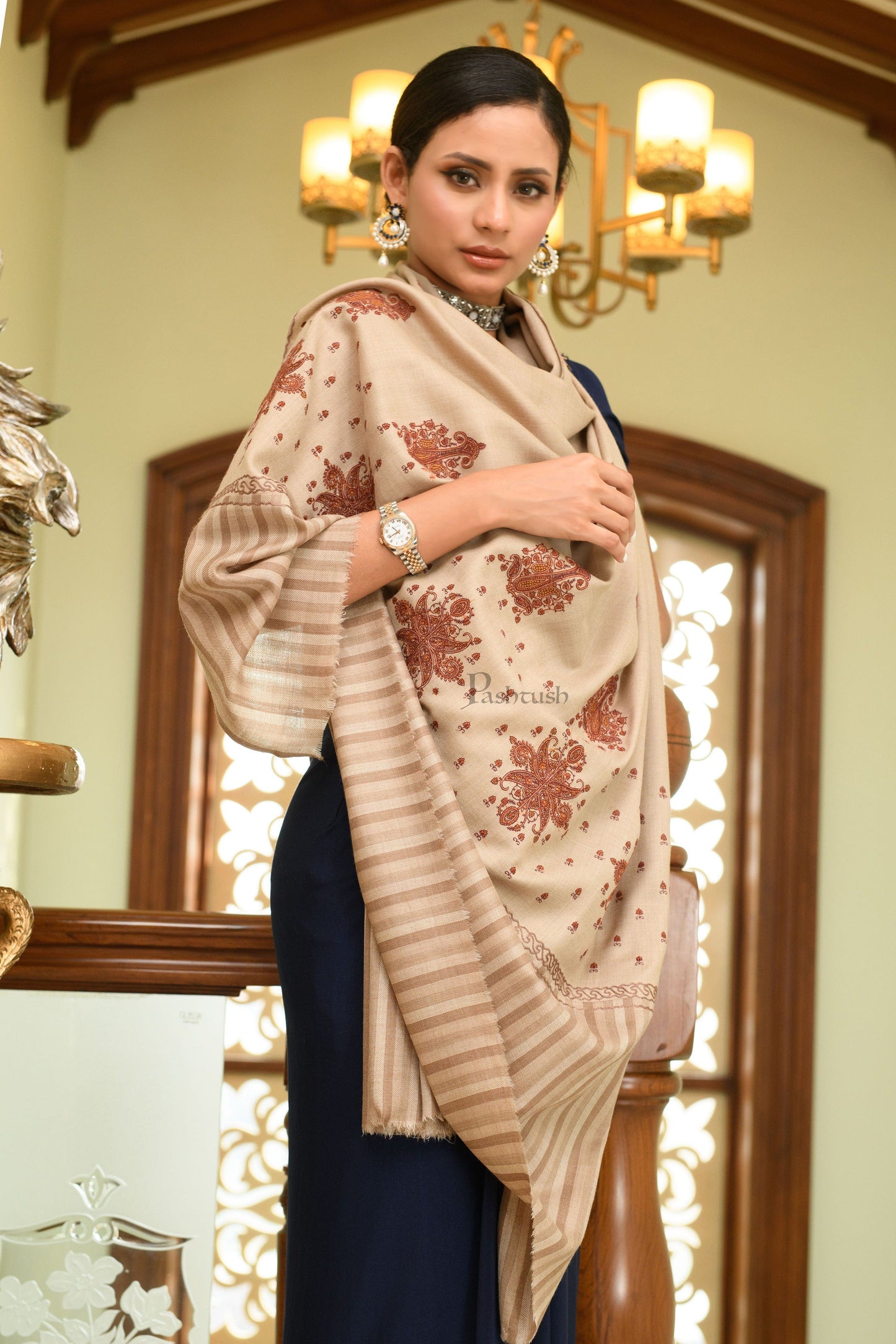 Pashtush India Womens Shawls Pashtush Womens Fine Wool Shawl, Stitched Stripe Palla, Kashmiri Embroidery, Beige