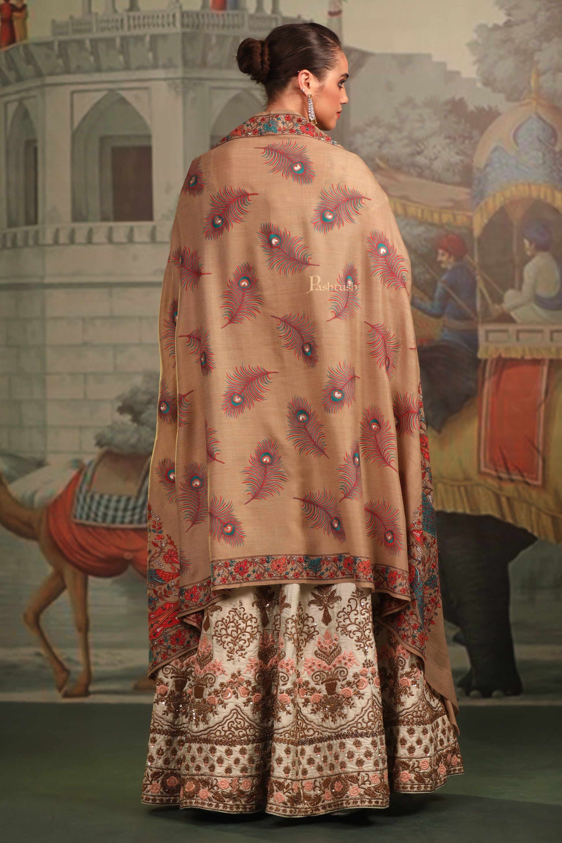 Pashtush India Womens Shawls Pashtush Womens Fine Wool Shawl, Tilla Work Peacock Design, Beige