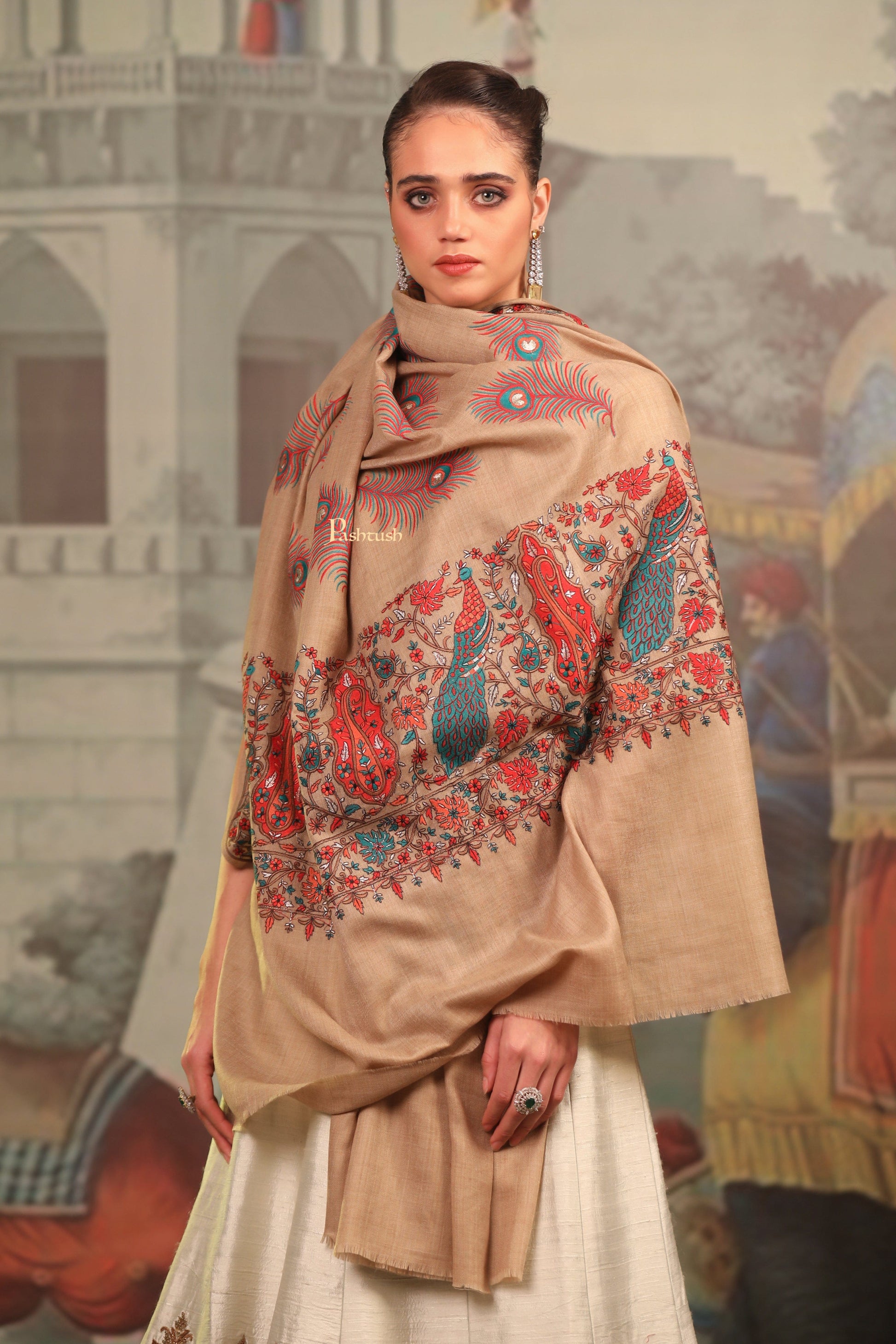 Pashtush India Womens Shawls Pashtush Womens Fine Wool Shawl, Tilla Work Peacock Design, Beige