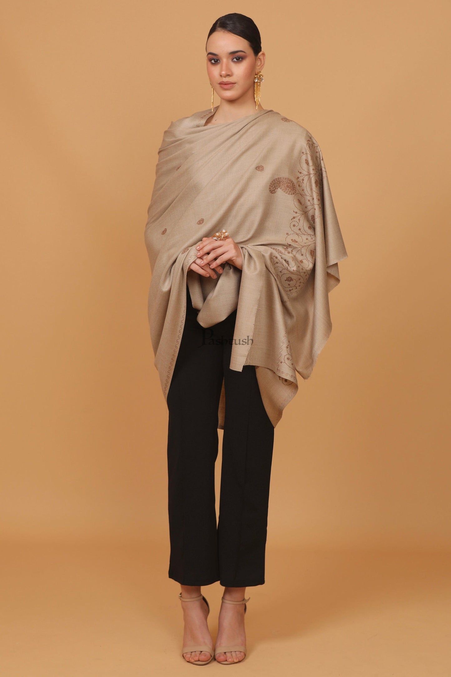Pashtush India Womens Stoles and Scarves Scarf Pashtush womens Fine Wool shawl, tone and tone embroidery palla design, Beige