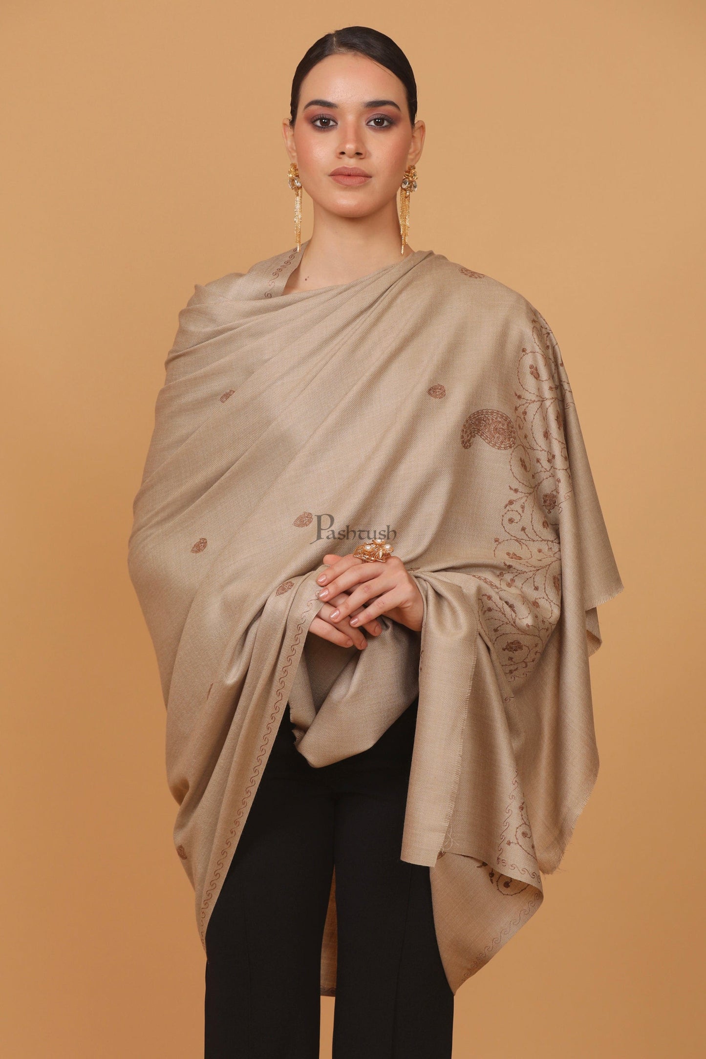 Pashtush India Womens Stoles and Scarves Scarf Pashtush womens Fine Wool shawl, tone and tone embroidery palla design, Beige