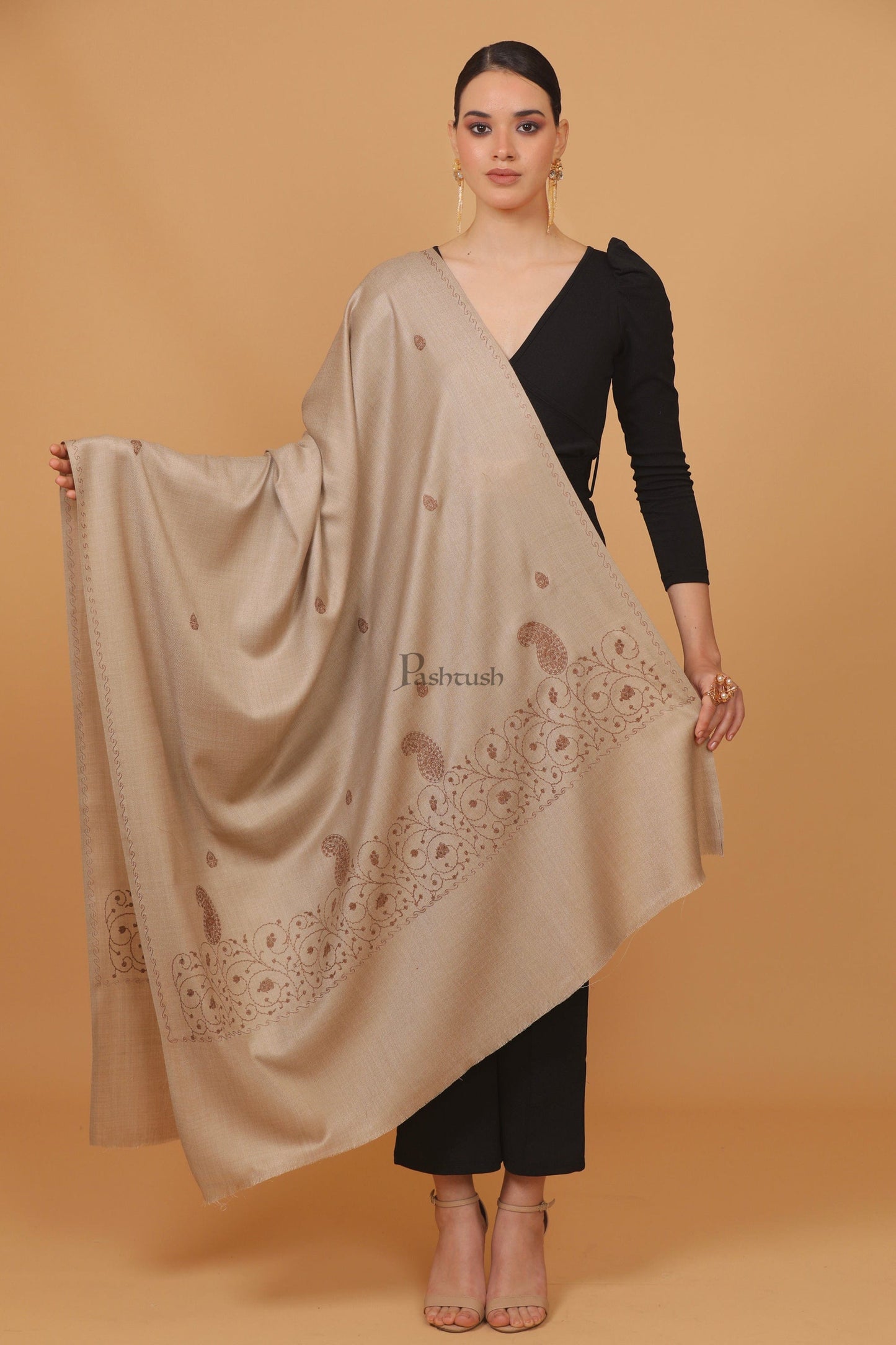 Pashtush India Womens Stoles and Scarves Scarf Pashtush womens Fine Wool shawl, tone and tone embroidery palla design, Beige