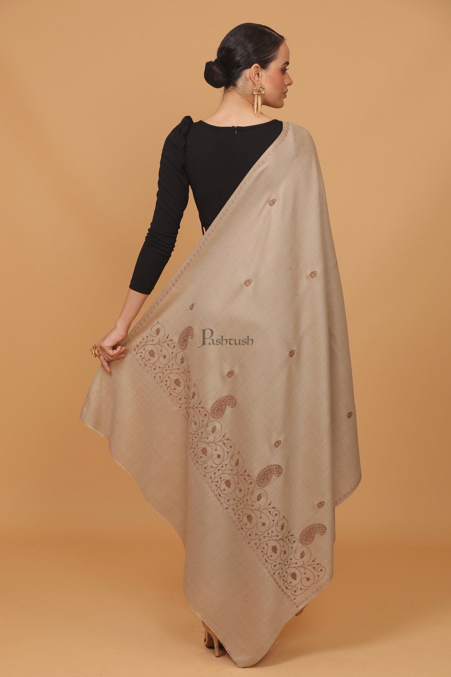 Pashtush India Womens Stoles and Scarves Scarf Pashtush womens Fine Wool shawl, tone and tone embroidery palla design, Beige