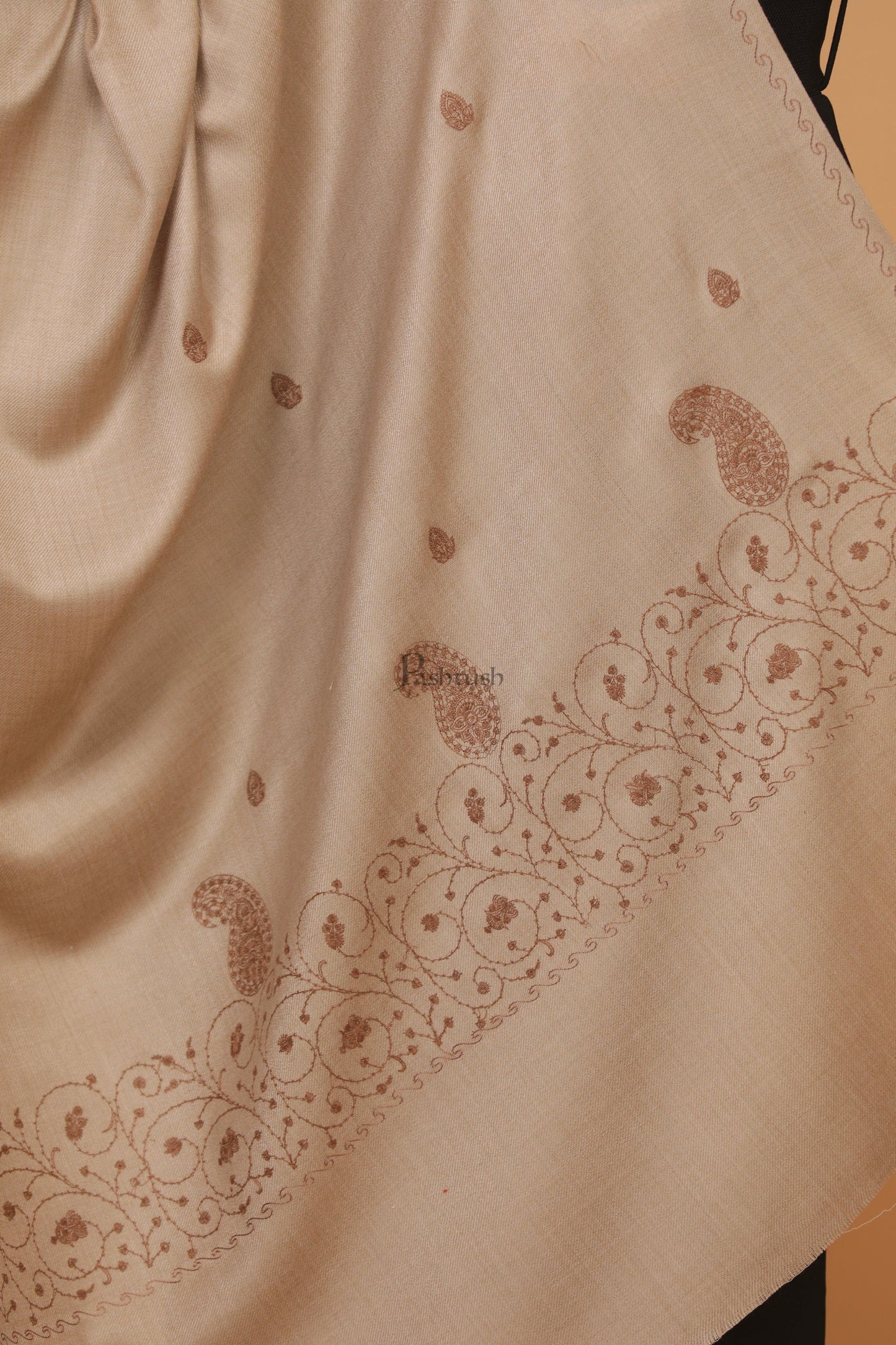 Pashtush India Womens Stoles and Scarves Scarf Pashtush womens Fine Wool shawl, tone and tone embroidery palla design, Beige
