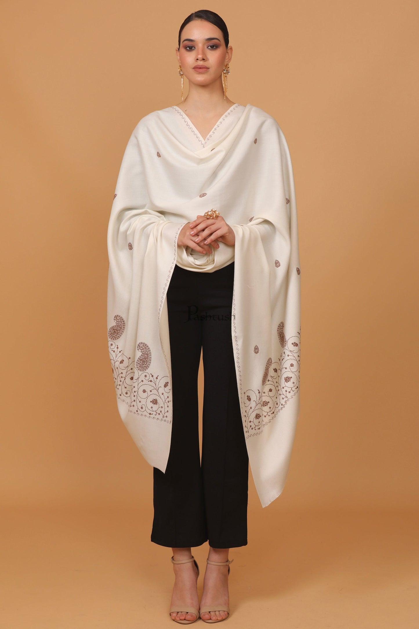 Pashtush India Womens Stoles and Scarves Scarf Pashtush womens Fine Wool shawl, tone and tone embroidery palla design, Ivory