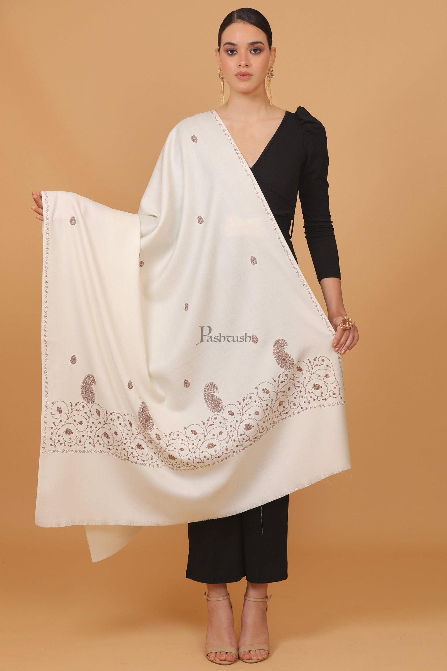Pashtush India Womens Stoles and Scarves Scarf Pashtush womens Fine Wool shawl, tone and tone embroidery palla design, Ivory