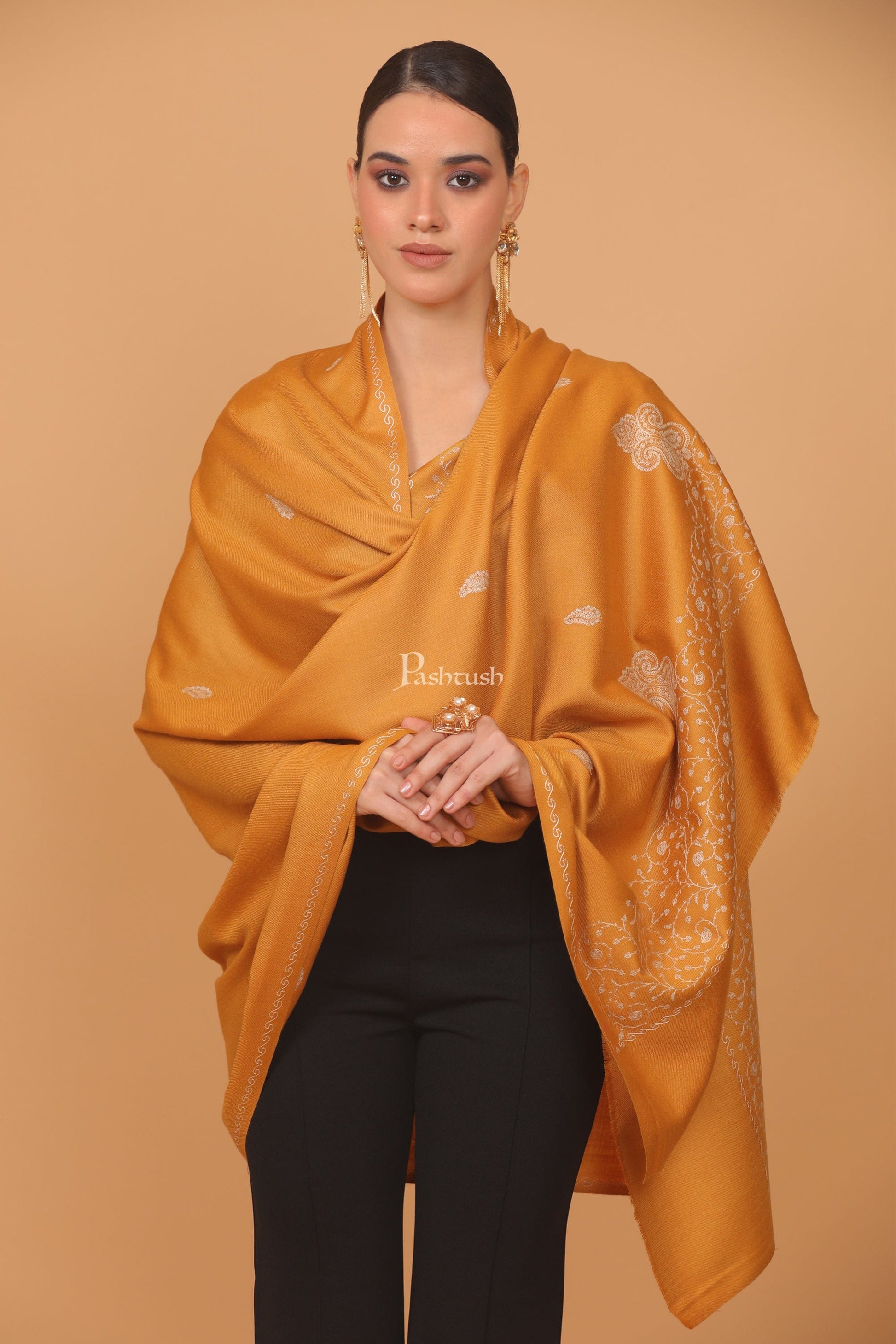 Pashtush India Womens Stoles and Scarves Scarf Pashtush womens Fine Wool shawl, tone and tone palla embroidery paisley design, Mustard