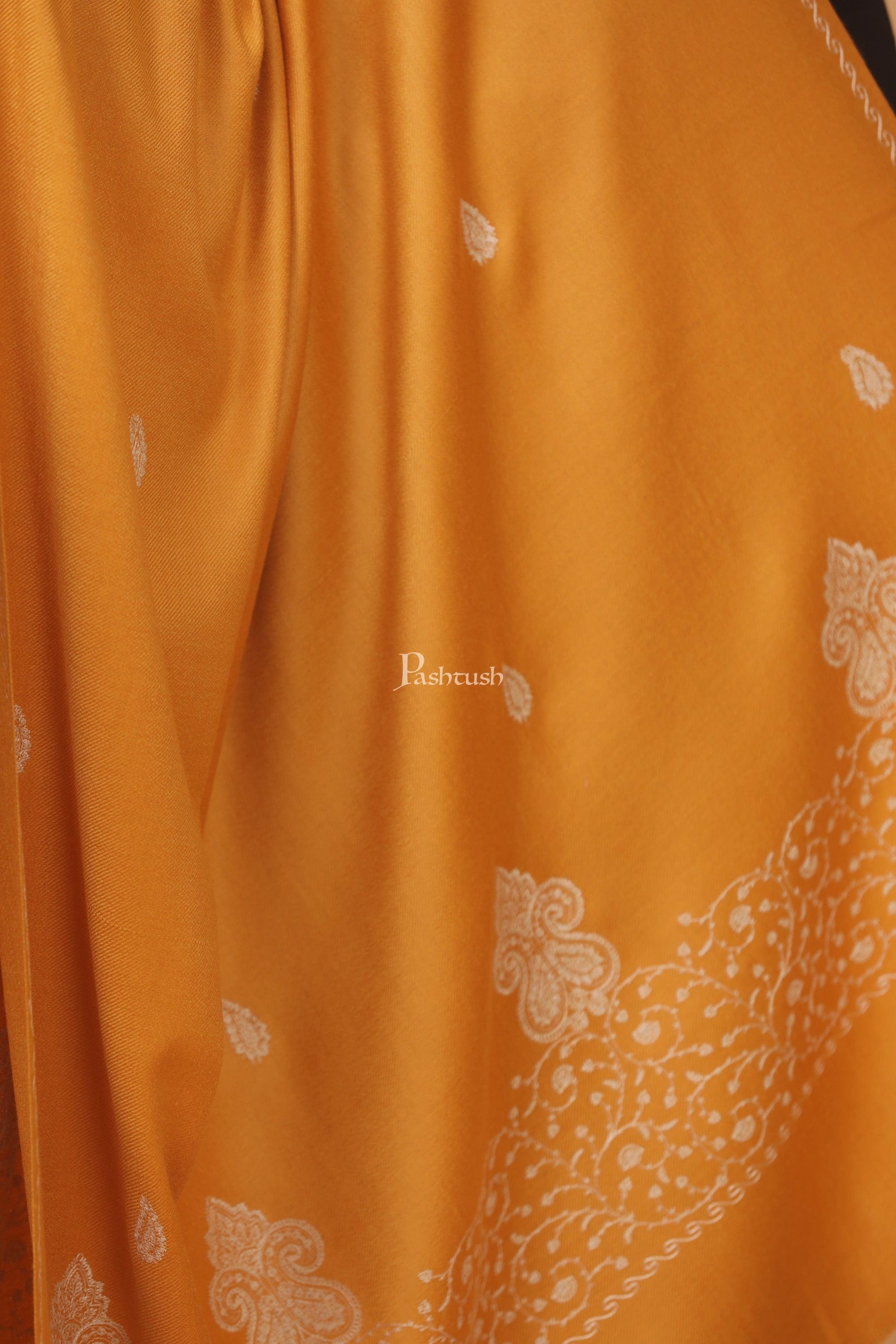 Pashtush India Womens Stoles and Scarves Scarf Pashtush womens Fine Wool shawl, tone and tone palla embroidery paisley design, Mustard