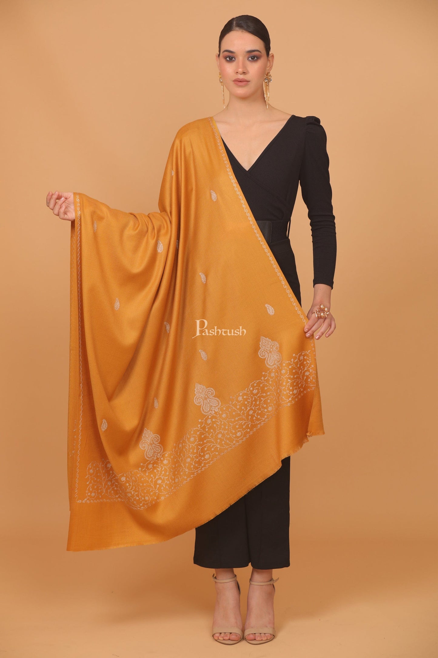 Pashtush India Womens Stoles and Scarves Scarf Pashtush womens Fine Wool shawl, tone and tone palla embroidery paisley design, Mustard
