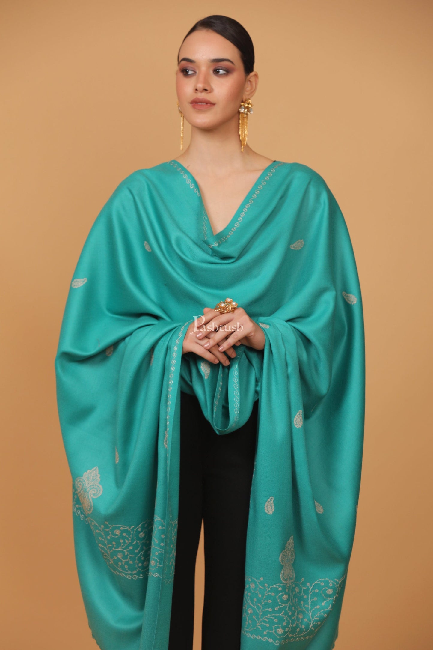 Pashtush India Womens Stoles and Scarves Scarf Pashtush womens Fine Wool shawl, tone and tone palla embroidery paisley design, Seagreen