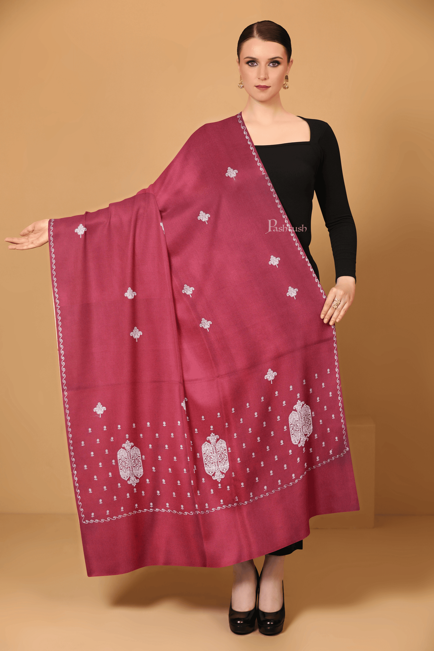Pashtush India Womens Stoles and Scarves Scarf Pashtush Womens Fine Wool Shawl ,Tone on Tone Embroidery Design , Maroon