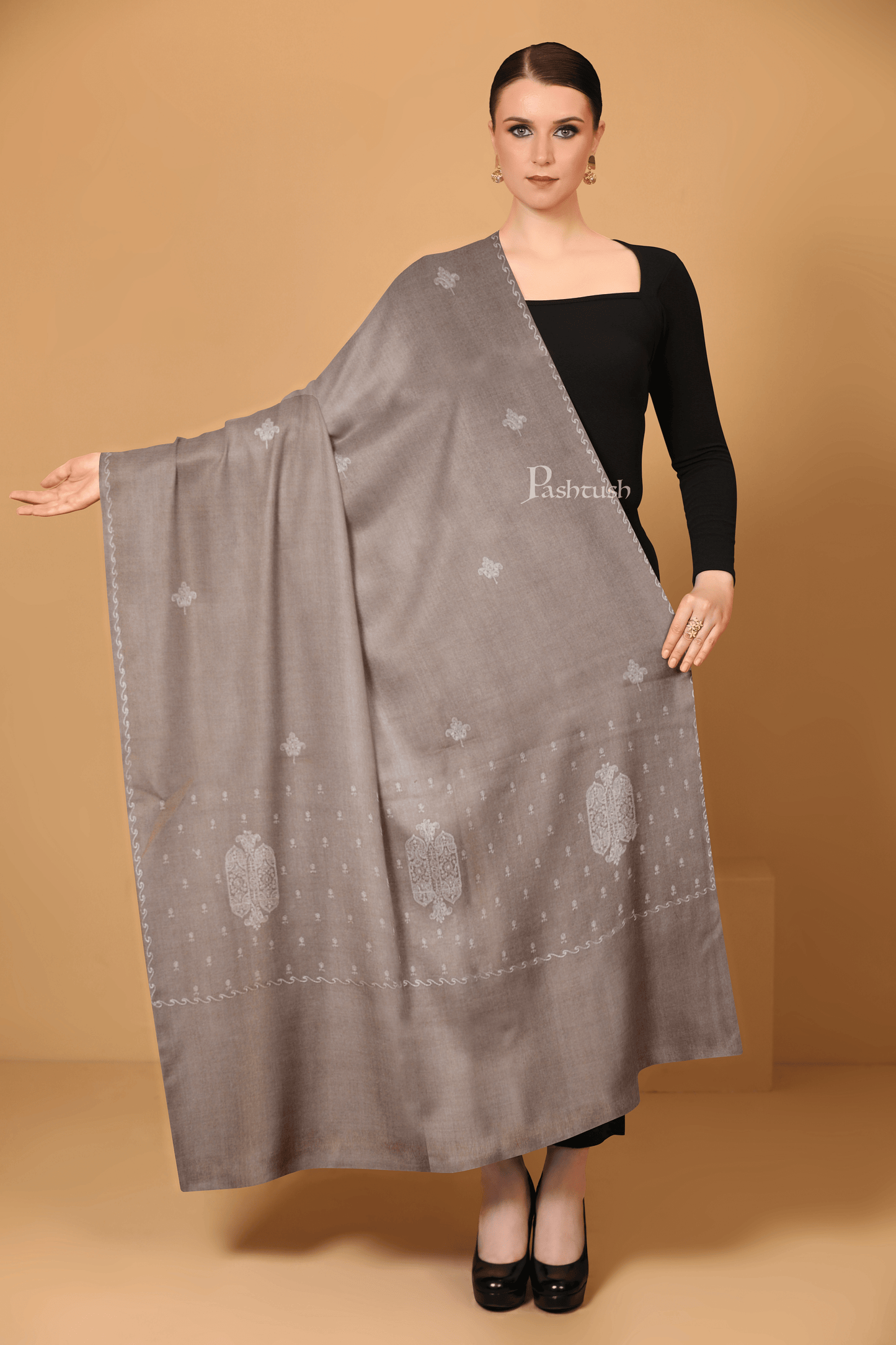 Pashtush India Womens Stoles and Scarves Scarf Pashtush Womens Fine Wool Shawl ,Tone on Tone Embroidery Design , Taupe