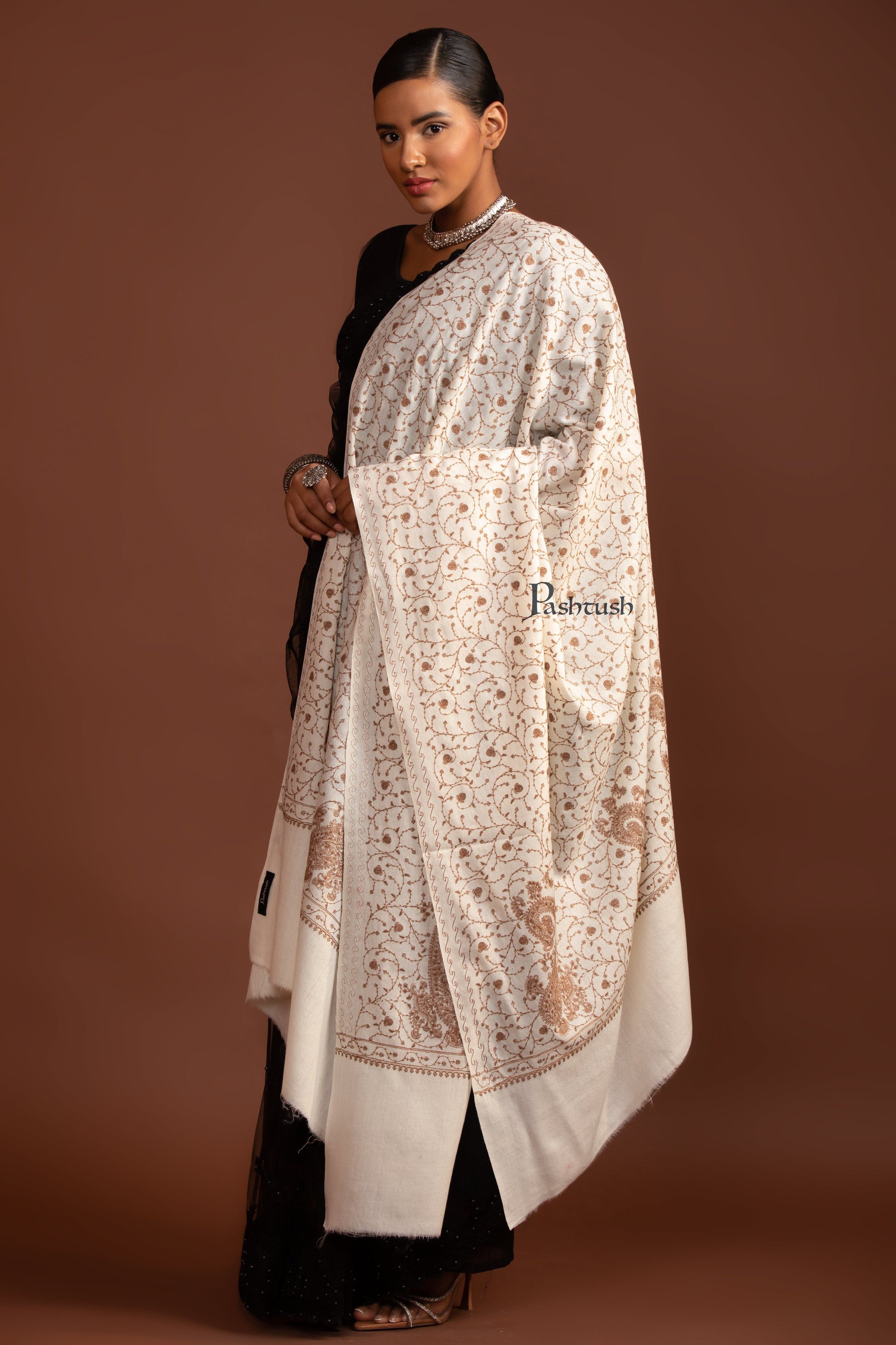 Pashtush India Womens Shawls Pashtush Womens Fine Wool Shawl, Tone On Tone Embroidery, Ivory