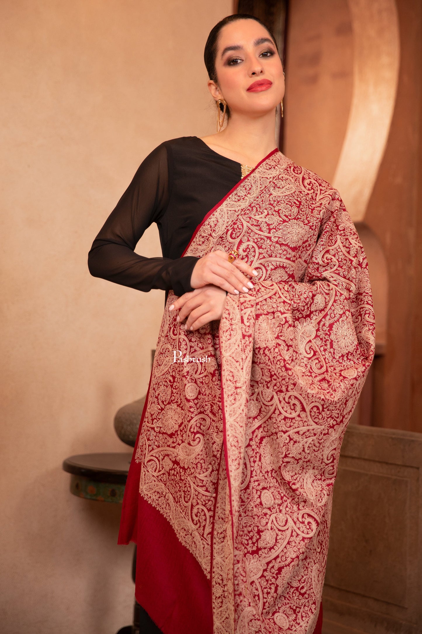 Pashtush India Womens Shawls Pashtush Womens Fine Wool Shawl, Tone On Tone Heavy Jaal Embroidery Design, Maroon