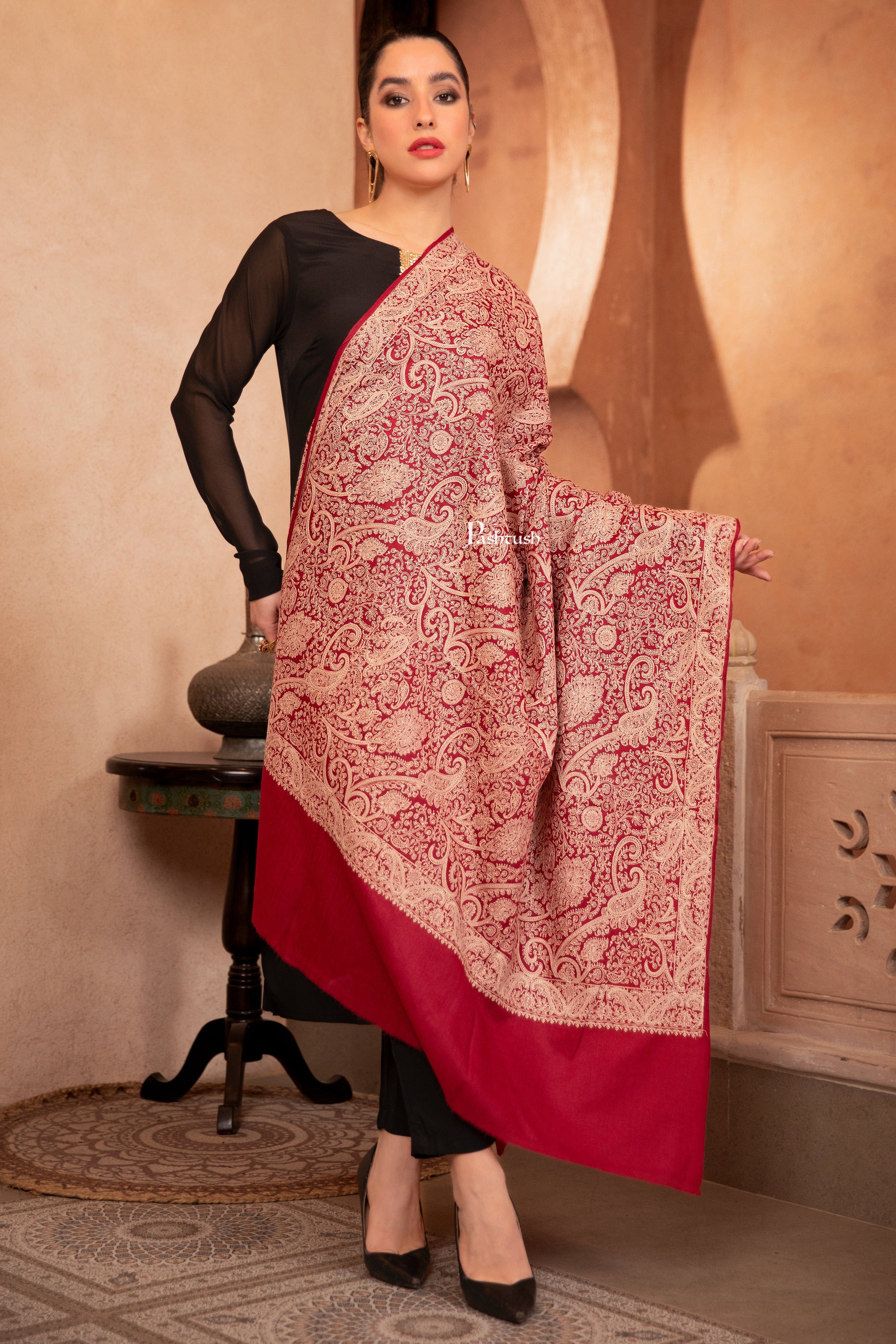 Pashtush India Womens Shawls Pashtush Womens Fine Wool Shawl, Tone On Tone Heavy Jaal Embroidery Design, Maroon