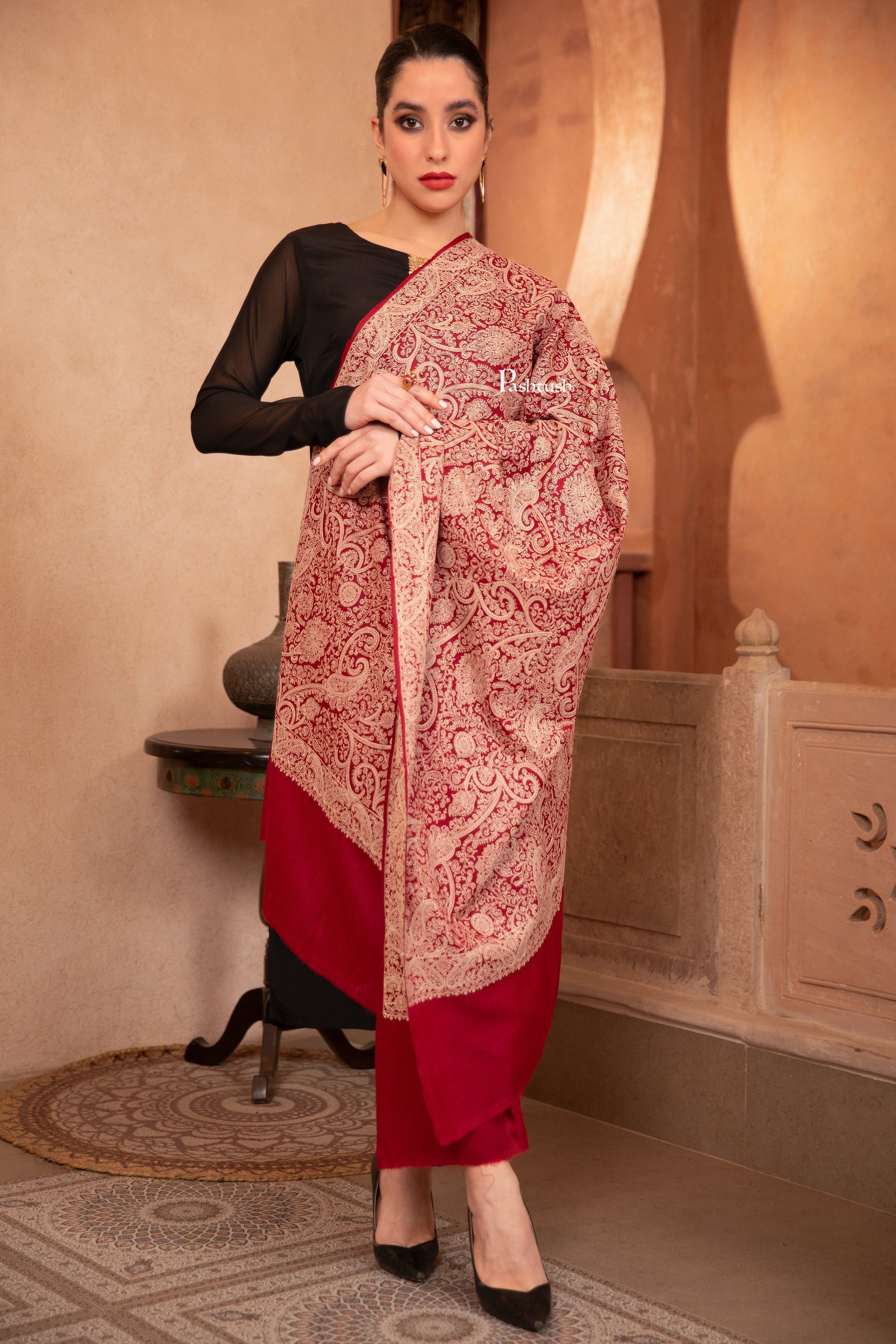 Pashtush India Womens Shawls Pashtush Womens Fine Wool Shawl, Tone On Tone Heavy Jaal Embroidery Design, Maroon