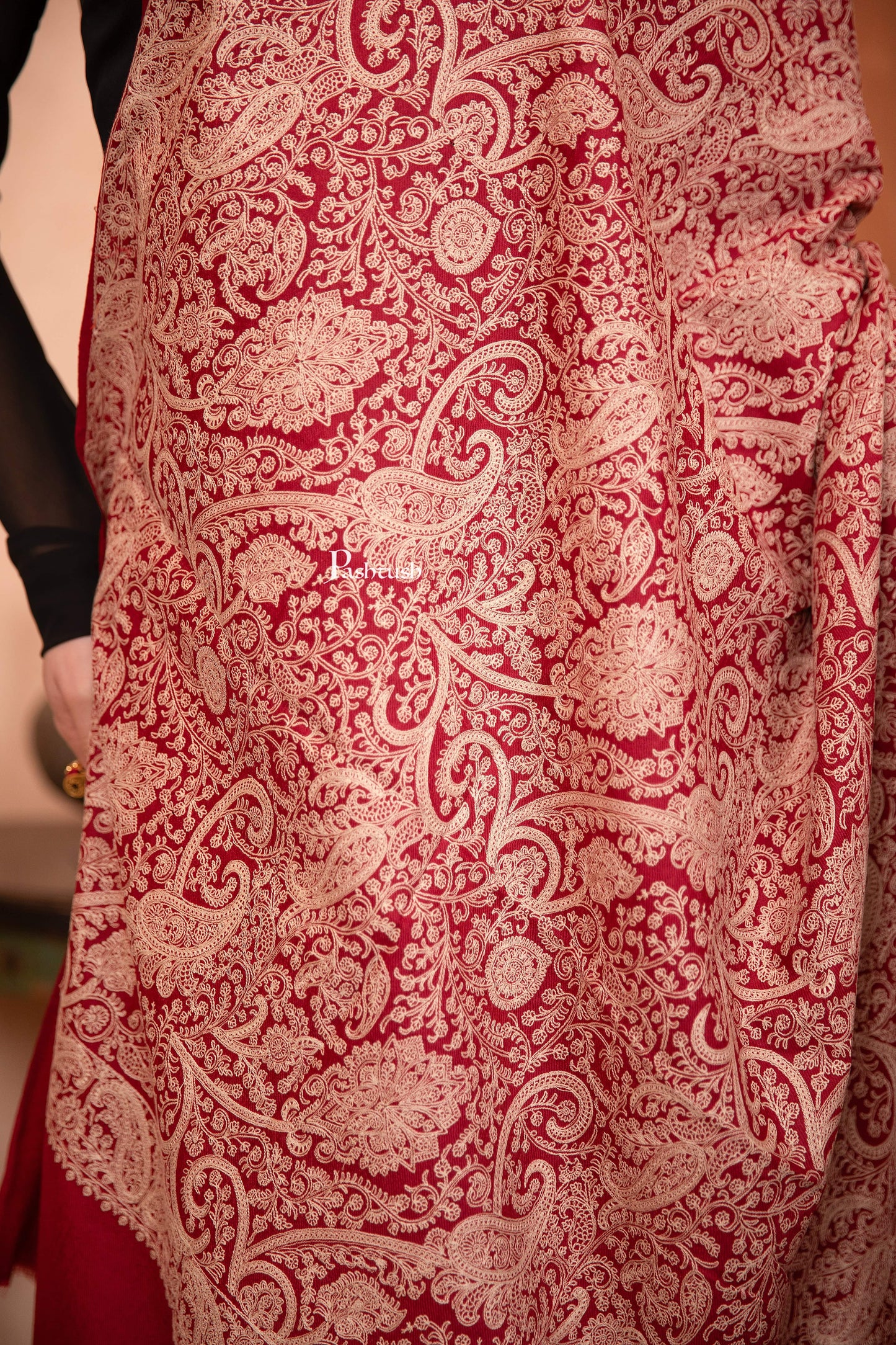 Pashtush India Womens Shawls Pashtush Womens Fine Wool Shawl, Tone On Tone Heavy Jaal Embroidery Design, Maroon