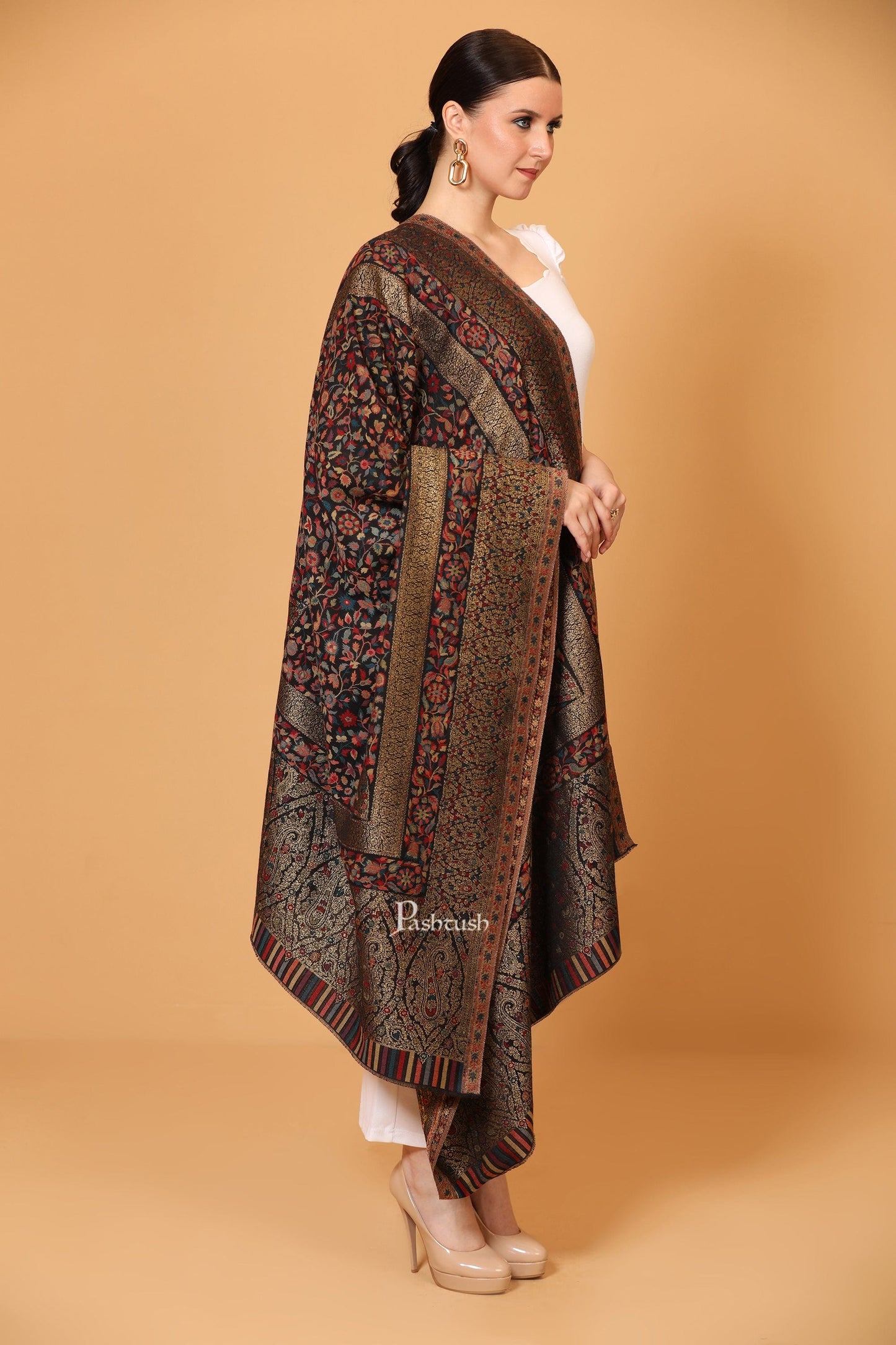 Pashtush Womens Fine Wool Shawl, Twilight Collection Metallic Weave, Extra Soft, Black