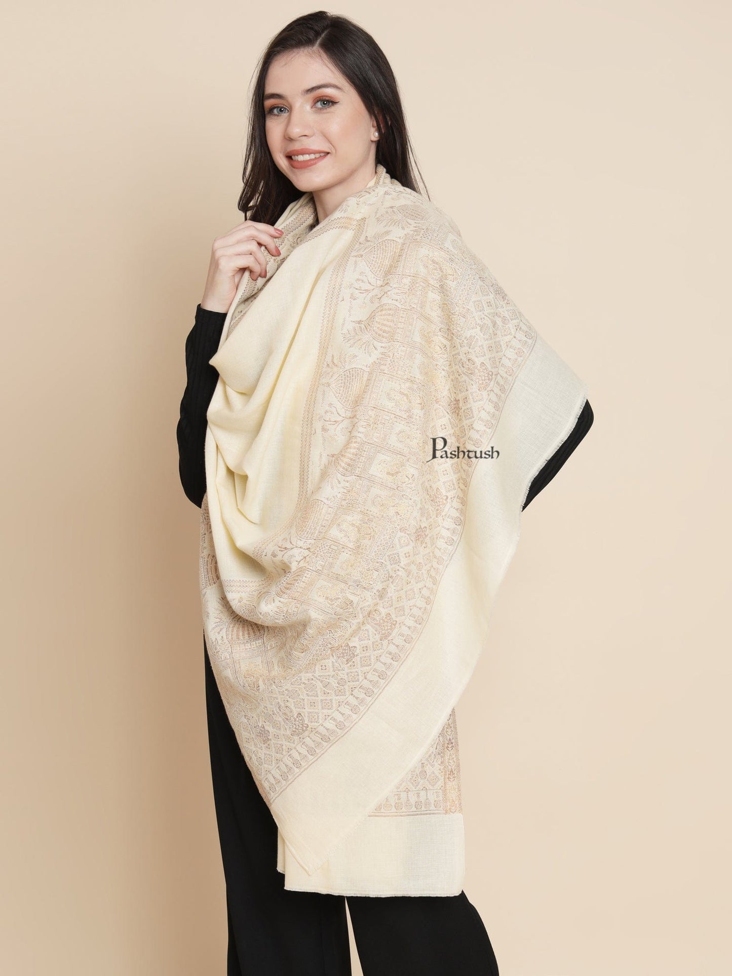 Pashtush India Womens Shawls Pashtush Womens Fine Wool Shawl, Twilight Collection, Persian Palace Dreams Design, Ivory