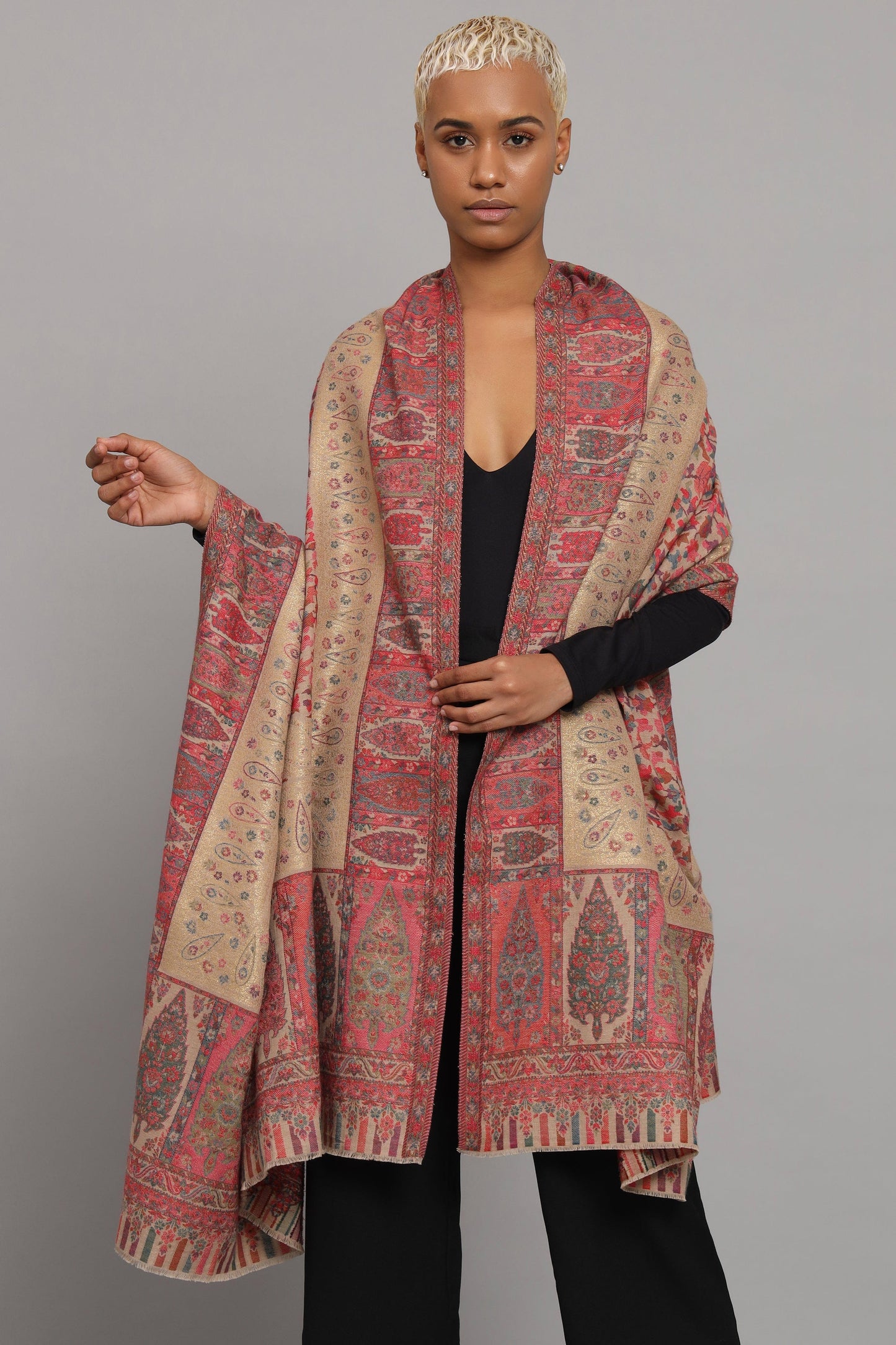 Pashtush India Womens Shawls Pashtush Womens Fine Wool Shawl, Twilight Collection, Woven With Metallic Floral Design, Multicolour