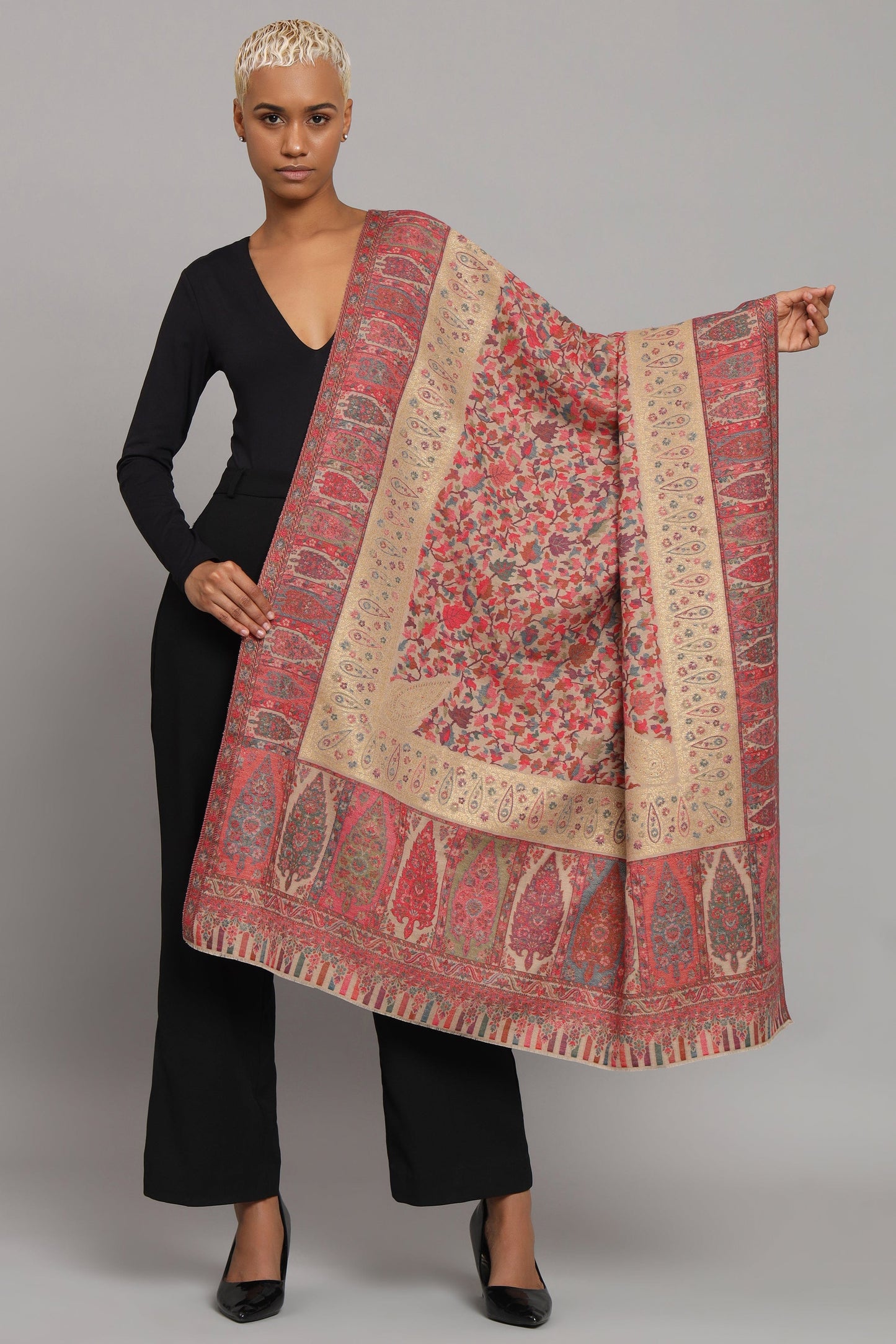 Pashtush India Womens Shawls Pashtush Womens Fine Wool Shawl, Twilight Collection, Woven With Metallic Floral Design, Multicolour