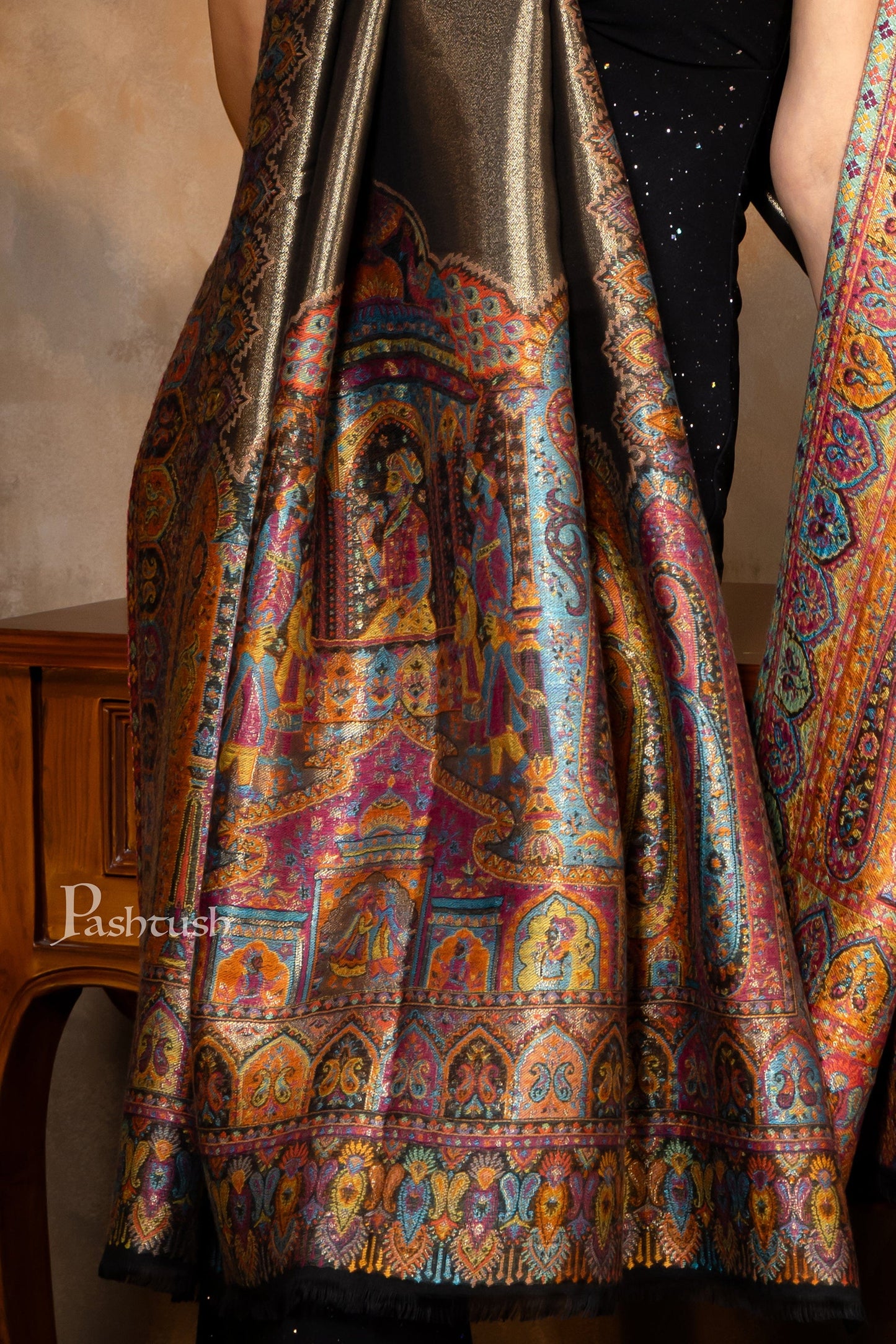 Pashtush India Womens Shawls Pashtush Womens Fine Wool Shawl, Twilight Darbar Palla Design, Multicolour