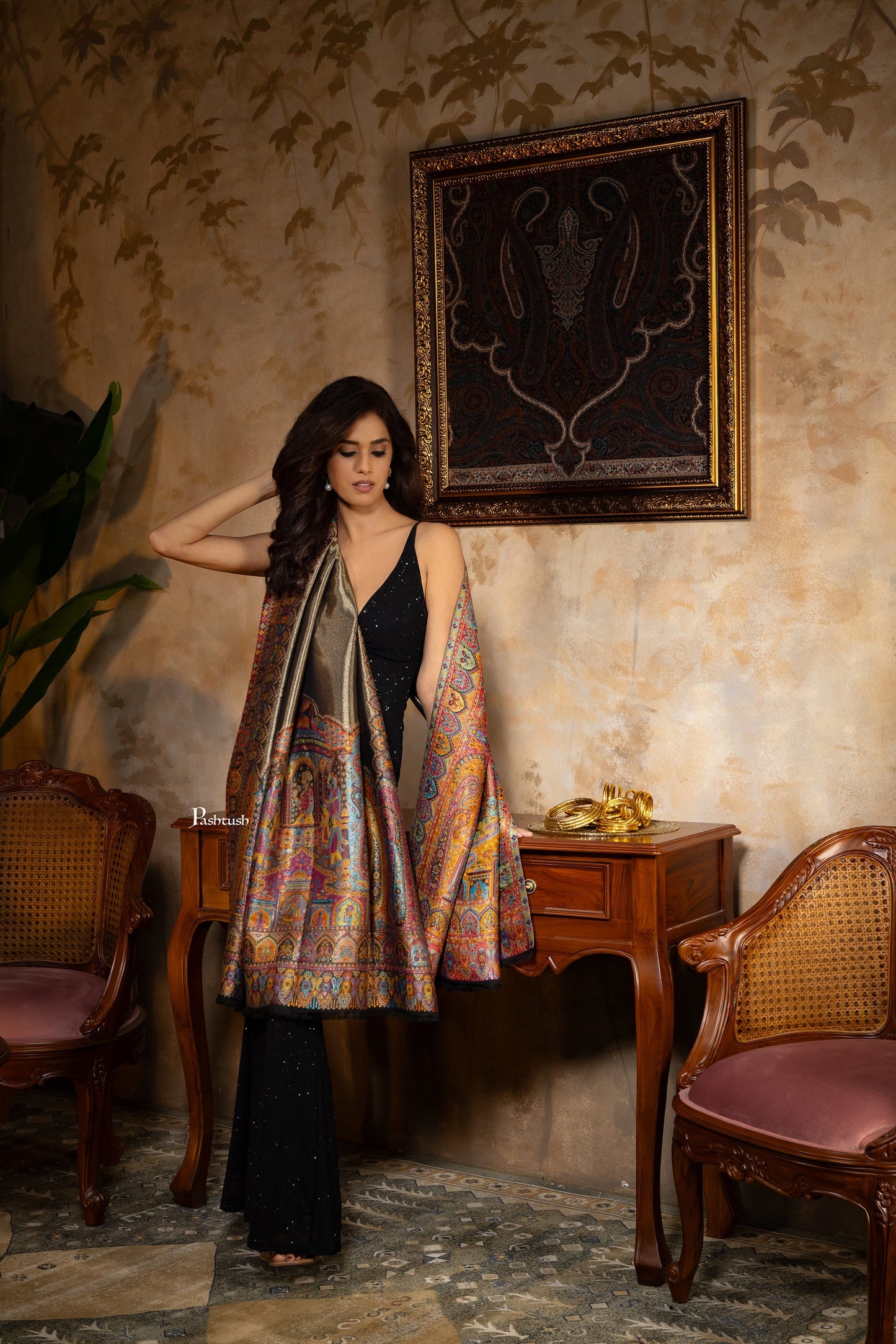 Pashtush India Womens Shawls Pashtush Womens Fine Wool Shawl, Twilight Darbar Palla Design, Multicolour