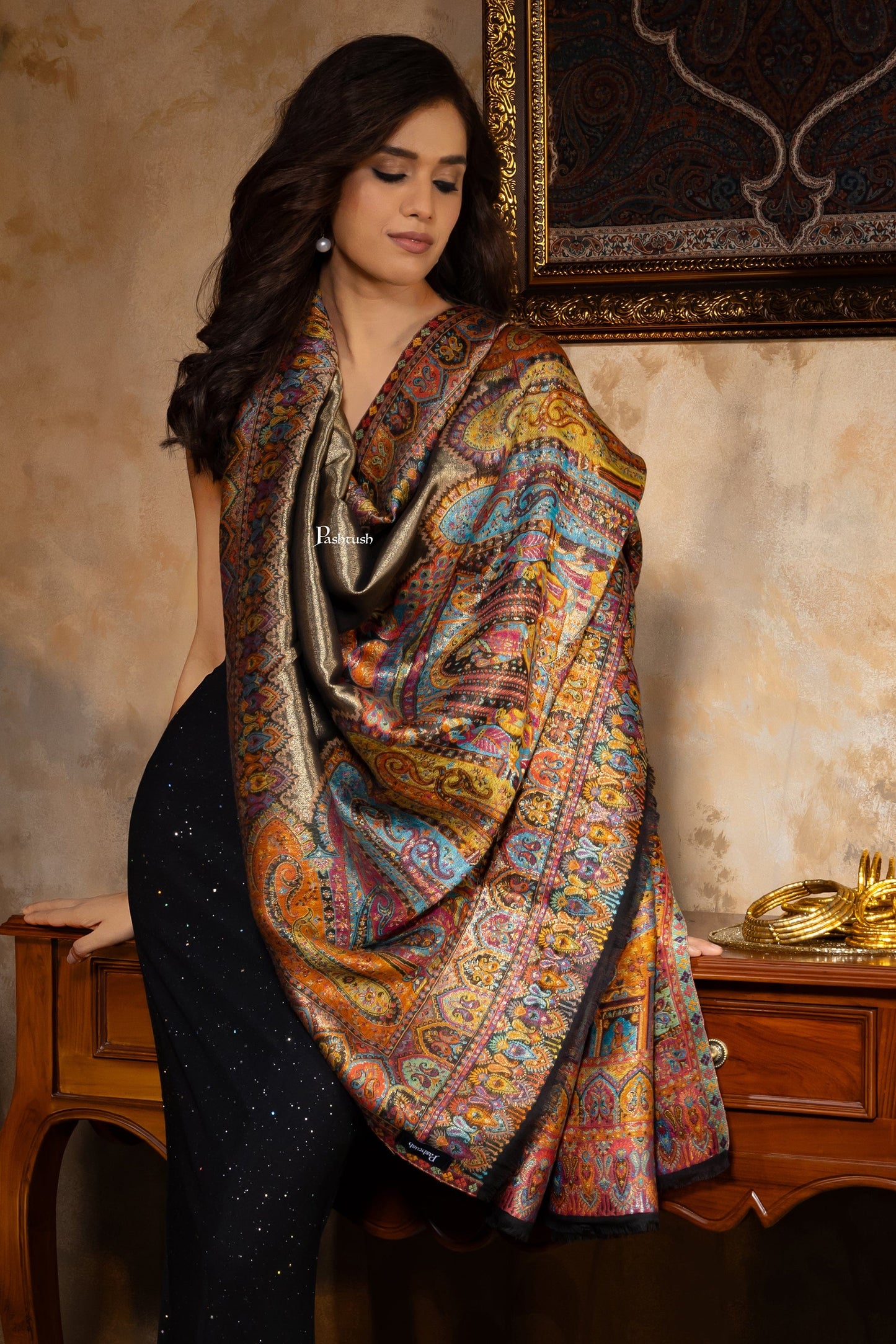 Pashtush India Womens Shawls Pashtush Womens Fine Wool Shawl, Twilight Darbar Palla Design, Multicolour