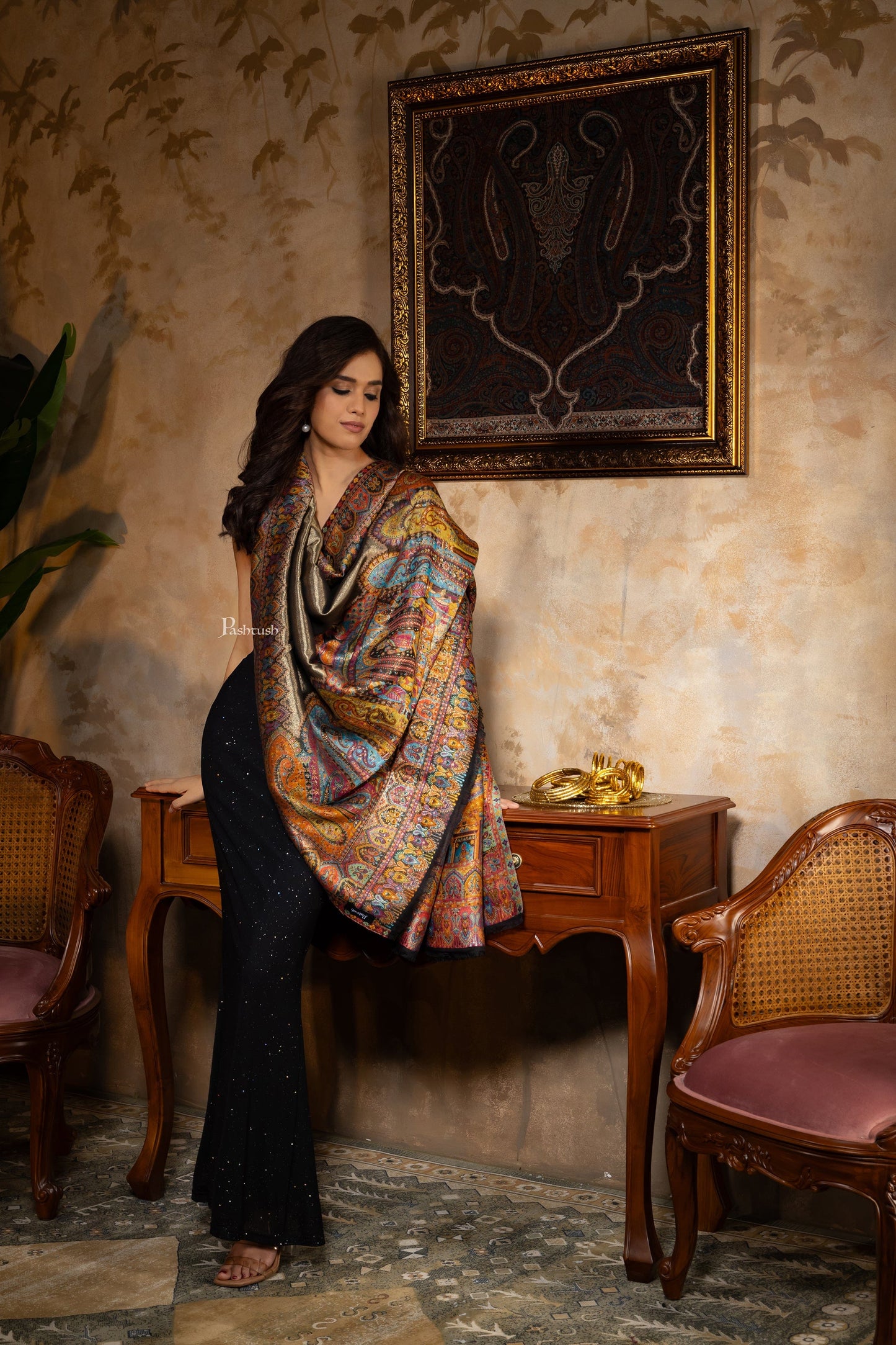 Pashtush India Womens Shawls Pashtush Womens Fine Wool Shawl, Twilight Darbar Palla Design, Multicolour